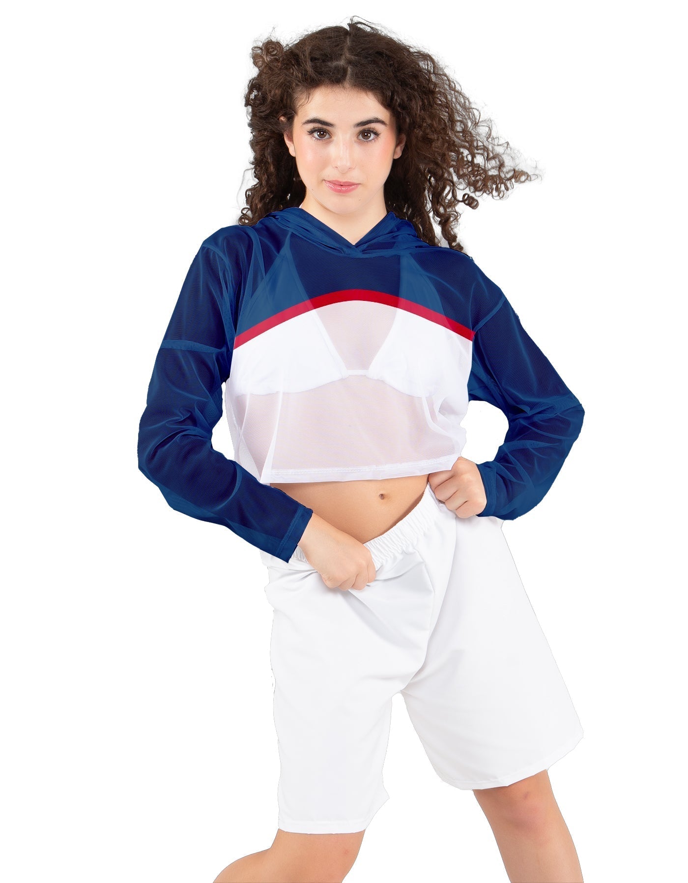 Red White and Blue Loose Mesh Hooded Top