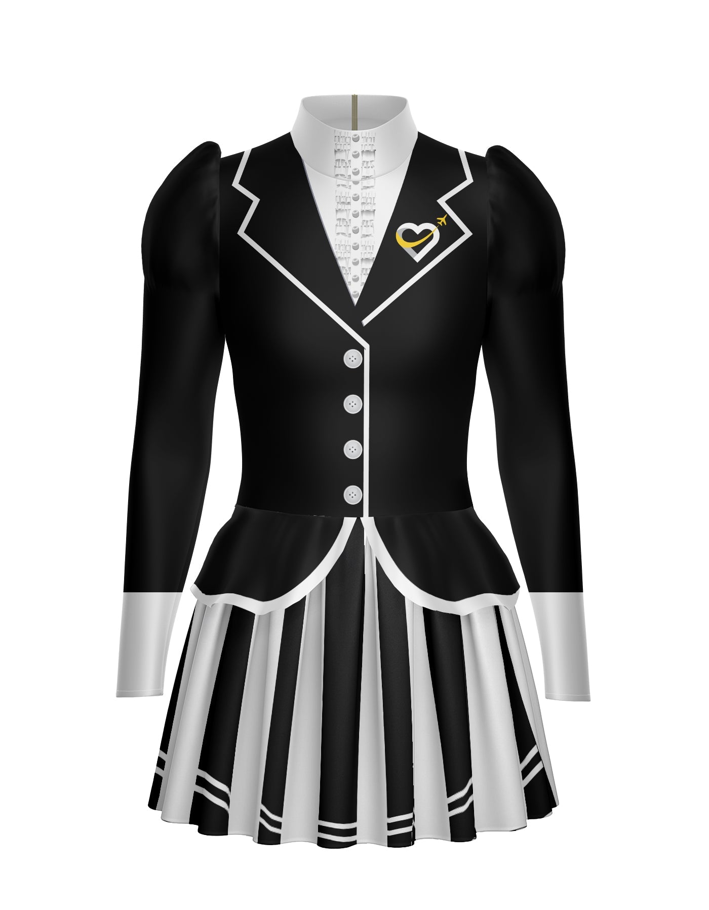 Flight Attendant LS TNeck Biketard with Attached Pleated Skirt and Peplum