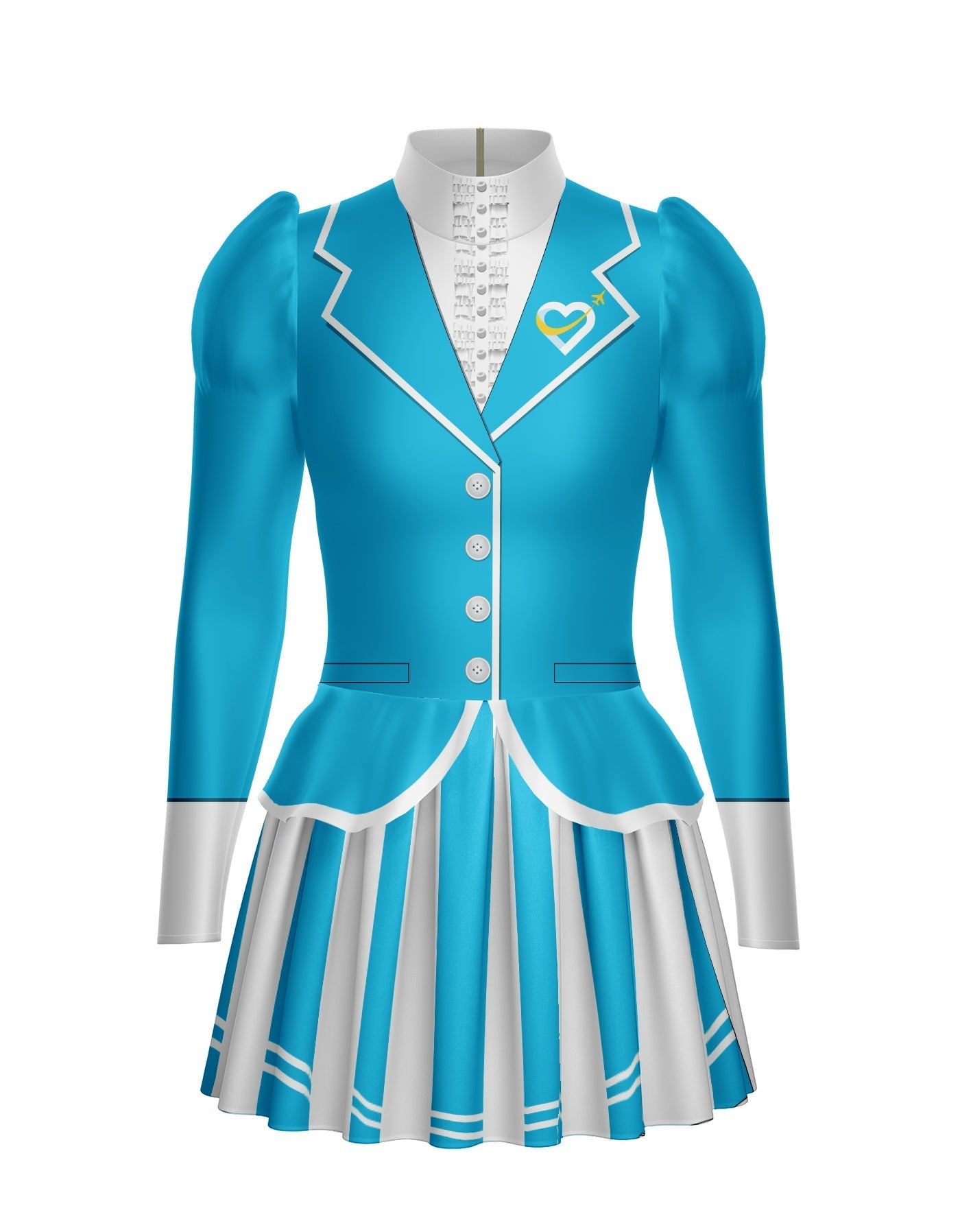 Flight Attendant LS TNeck Biketard with Attached Pleated Skirt and Peplum
