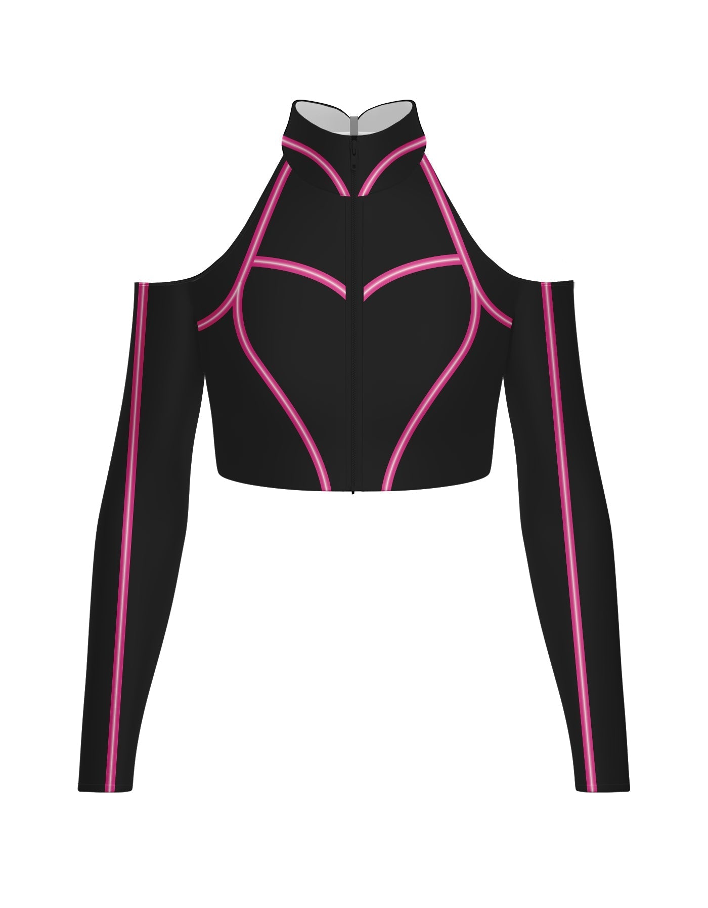 BlackPink Full Zip Front LS TNeck Cold Shoulder Crop Top