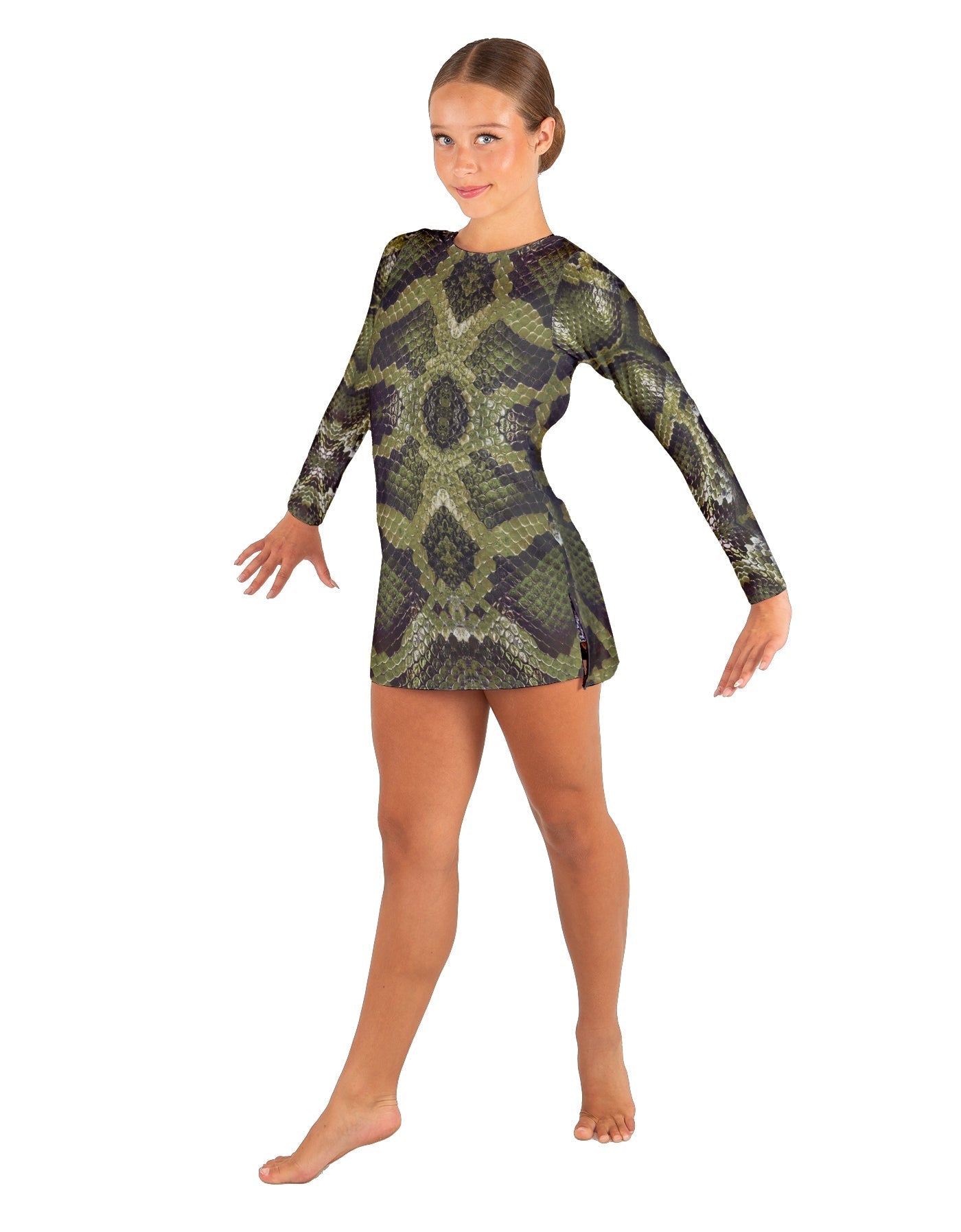 Snake LS Round Neck Dress with Open Back and Side Slits