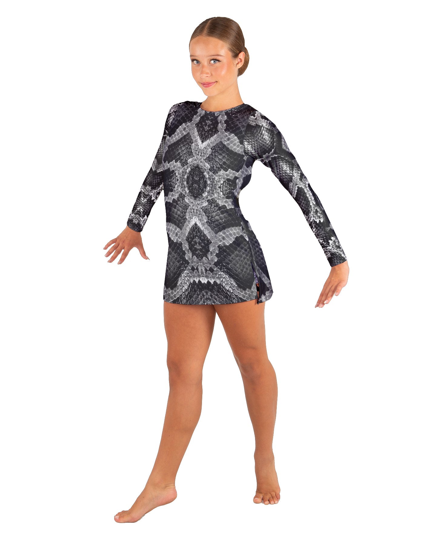 Snake LS Round Neck Dress with Open Back and Side Slits
