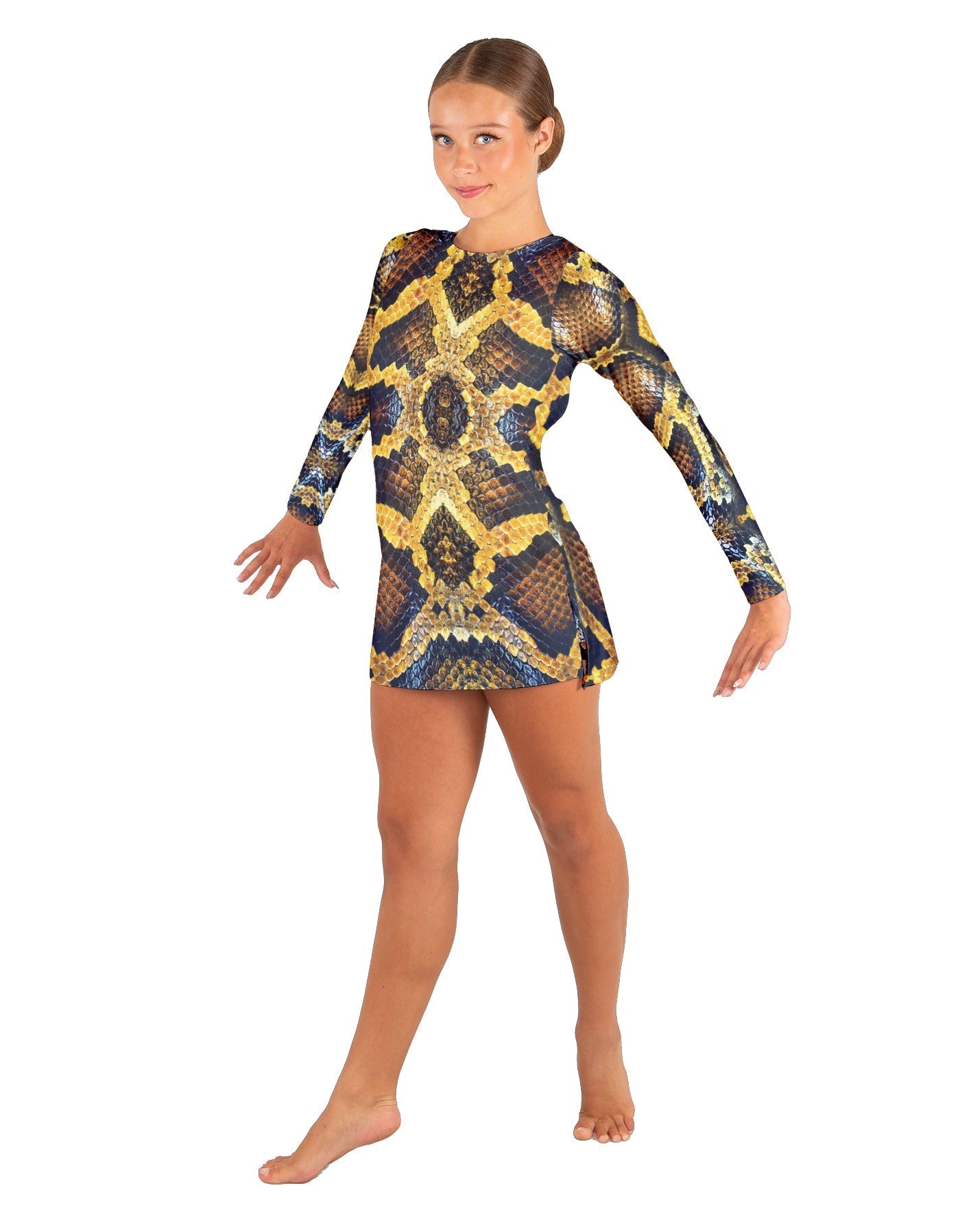 Snake LS Round Neck Dress with Open Back and Side Slits