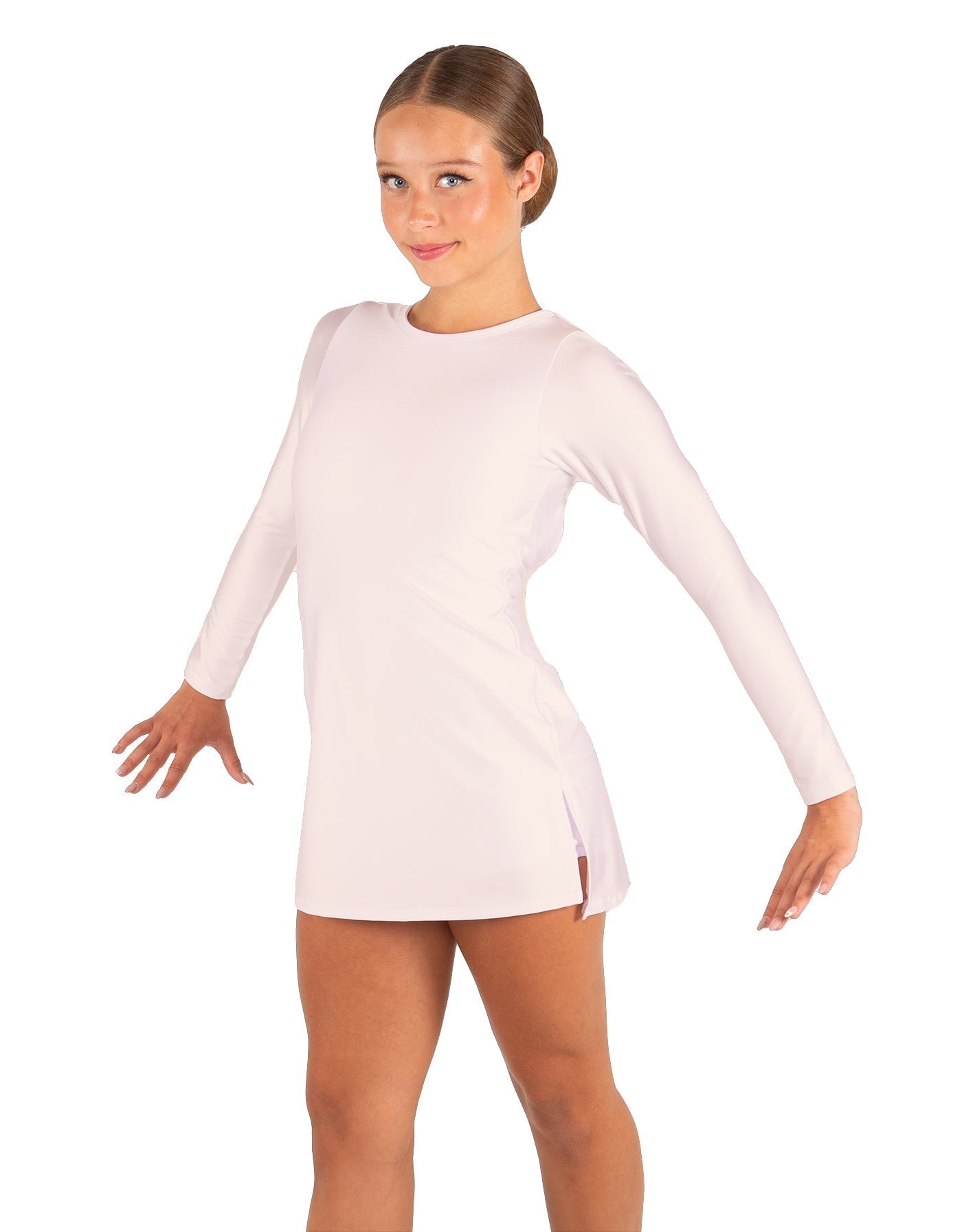 Solid Lycra LS Round Neck Dress with Open Back and Side Slits w/attached shorts