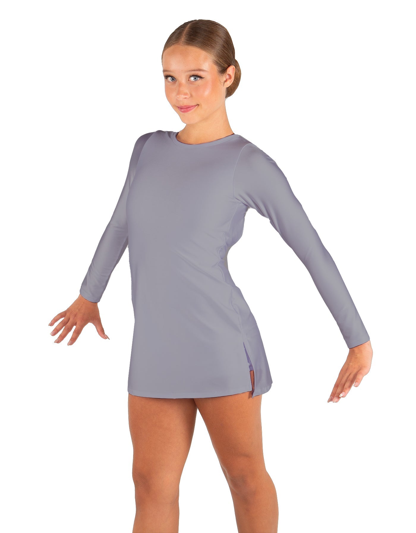 Solid Lycra LS Round Neck Dress with Open Back and Side Slits w/attached shorts