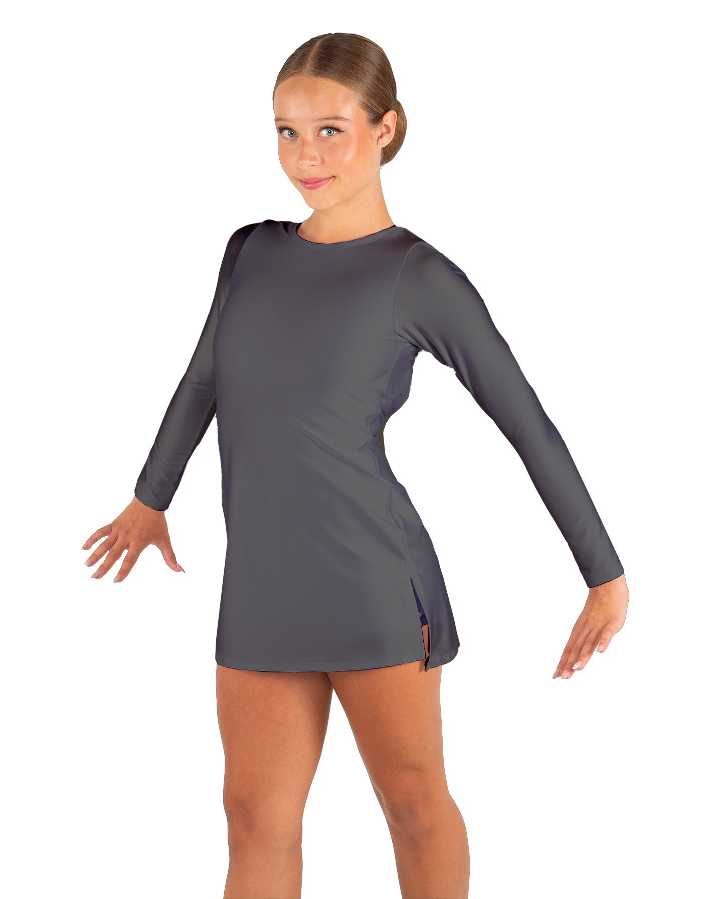 Solid Lycra LS Round Neck Dress with Open Back and Side Slits w/attached shorts