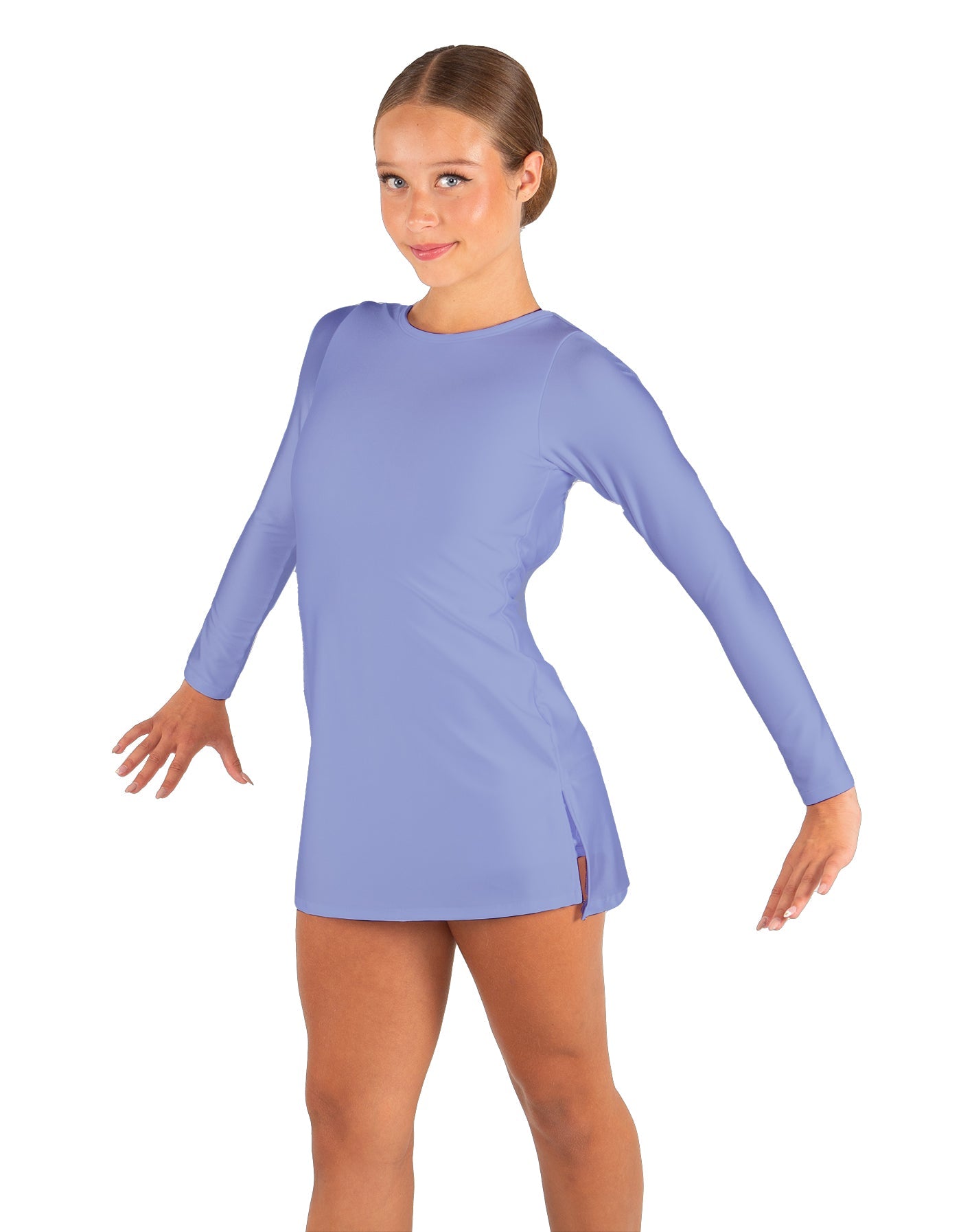 Solid Lycra LS Round Neck Dress with Open Back and Side Slits w/attached shorts