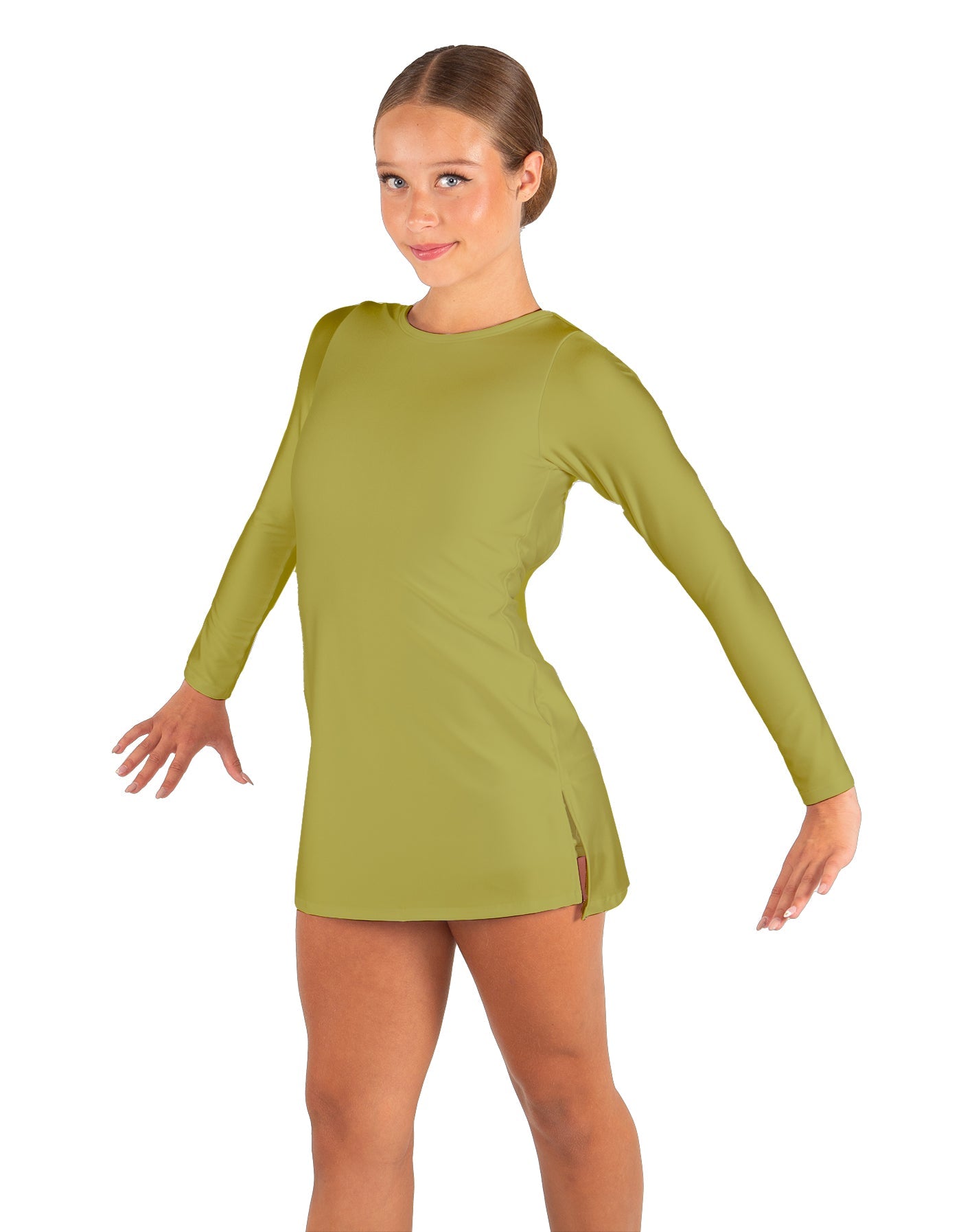 Solid Lycra LS Round Neck Dress with Open Back and Side Slits w/attached shorts