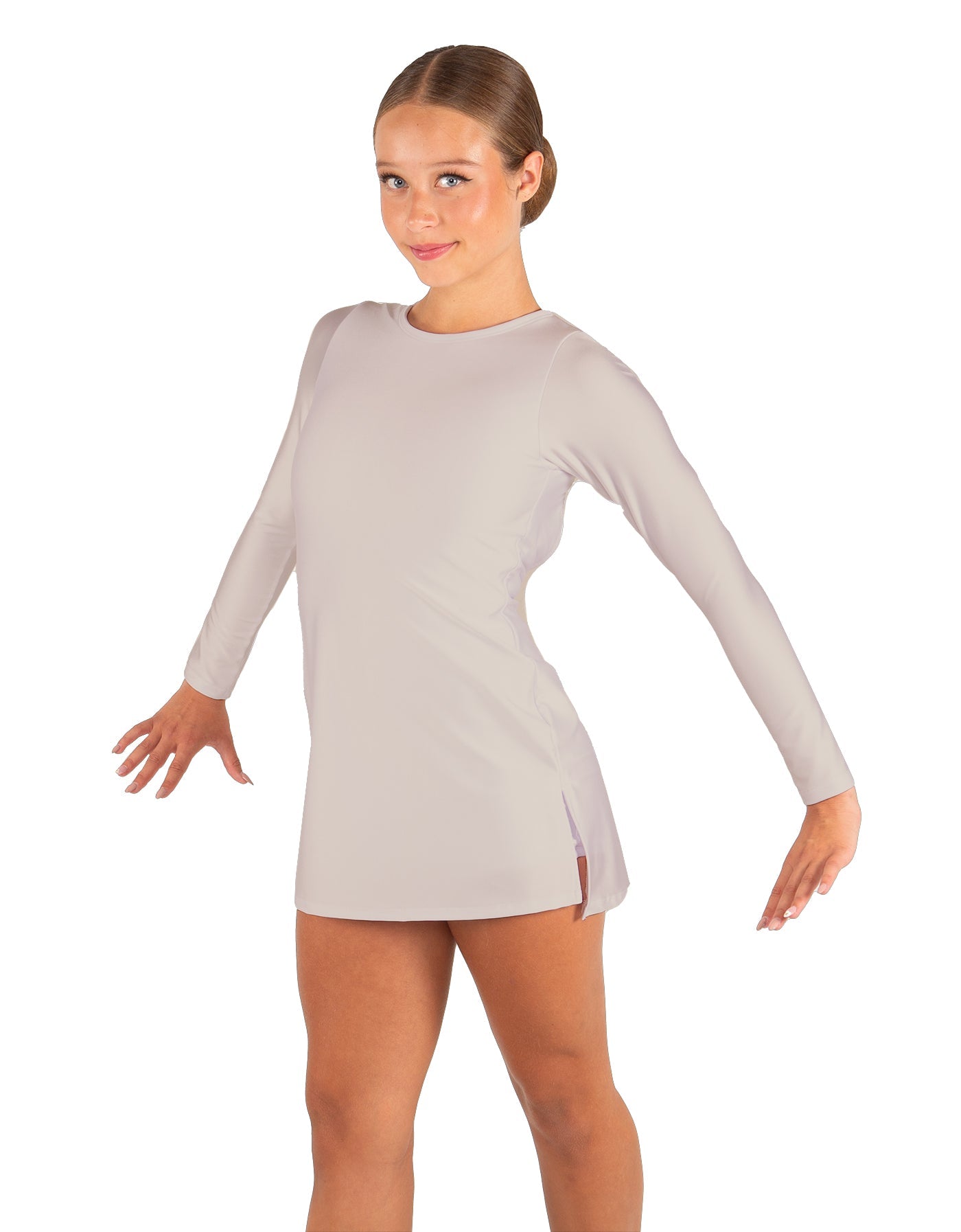 Solid Lycra LS Round Neck Dress with Open Back and Side Slits w/attached shorts