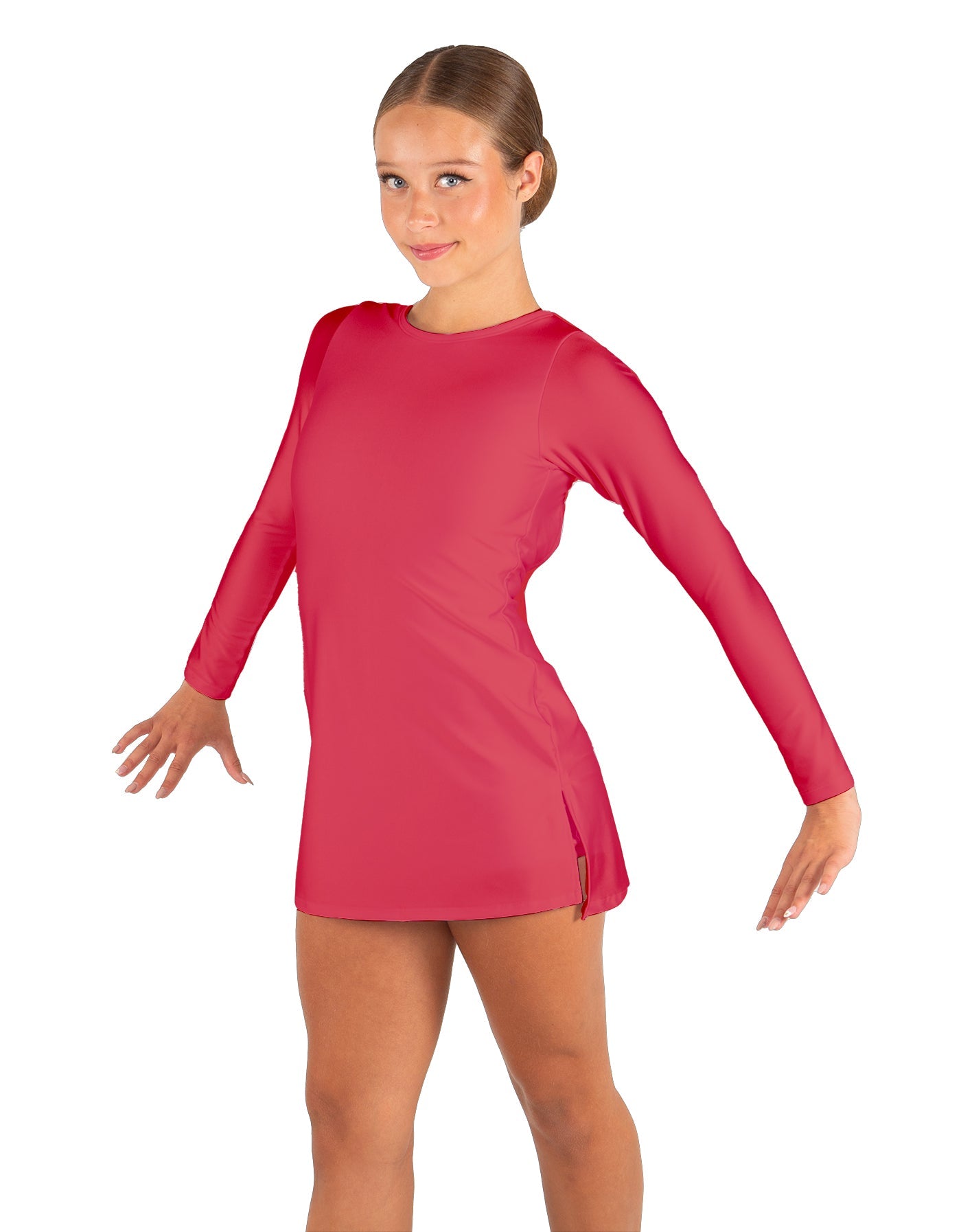 Solid Lycra LS Round Neck Dress with Open Back and Side Slits w/attached shorts