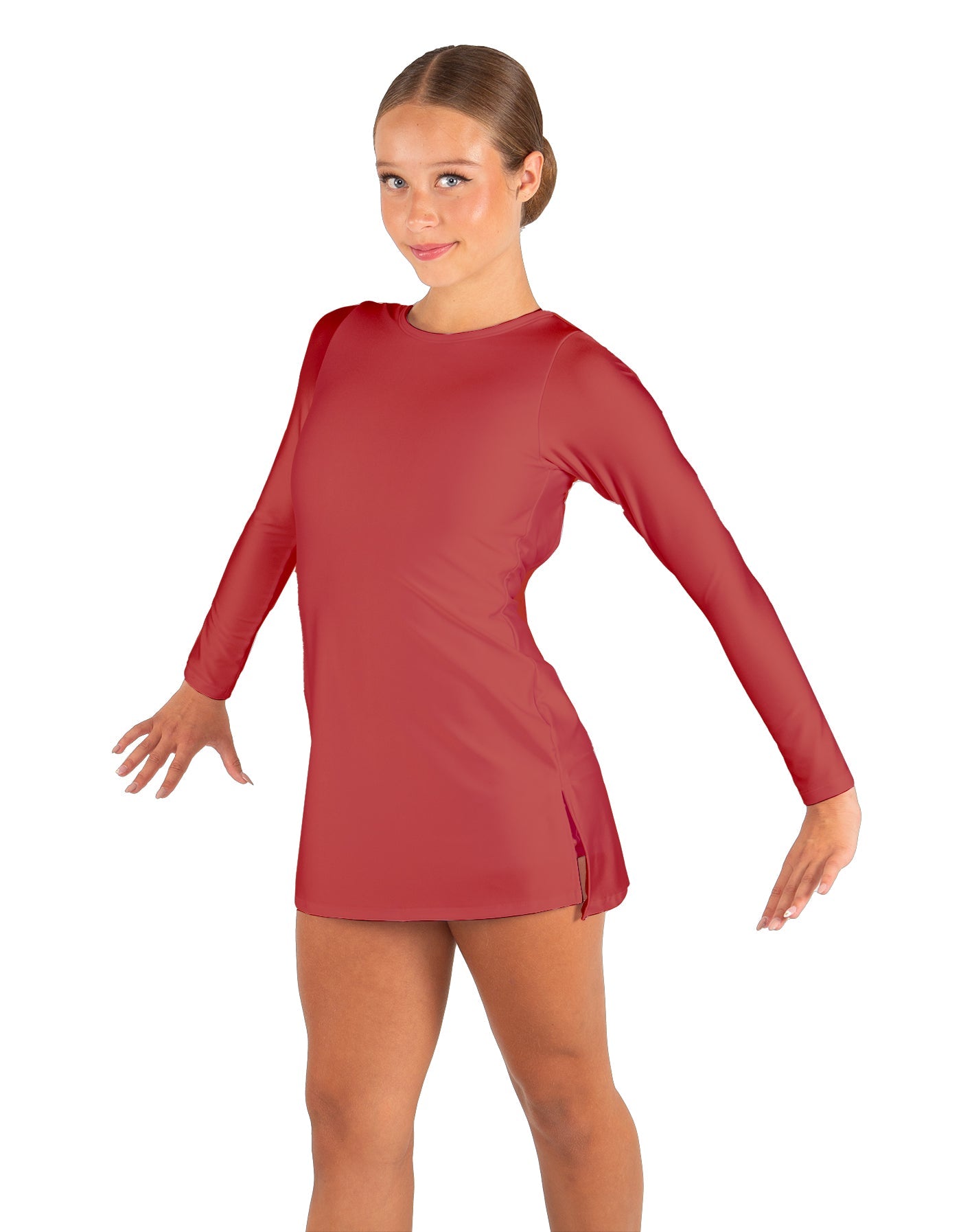 Solid Lycra LS Round Neck Dress with Open Back and Side Slits w/attached shorts