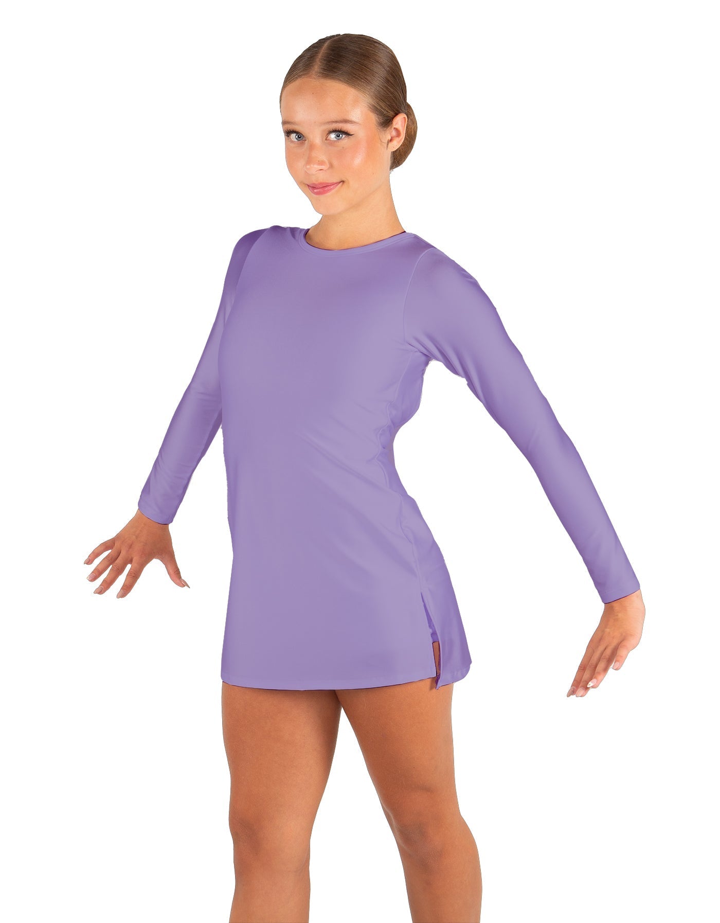 Solid Lycra LS Round Neck Dress with Open Back and Side Slits w/attached shorts