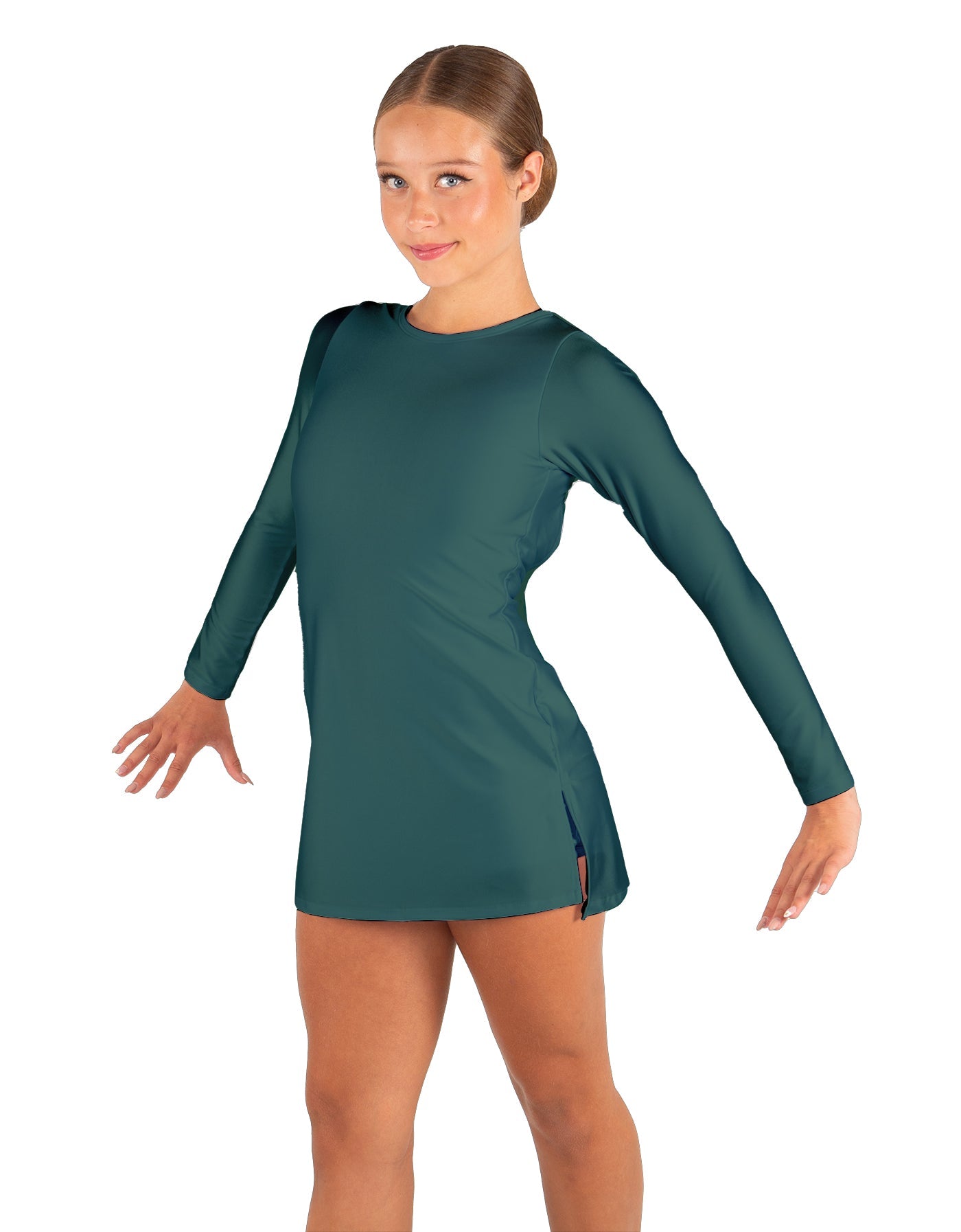 Solid Lycra LS Round Neck Dress with Open Back and Side Slits w/attached shorts