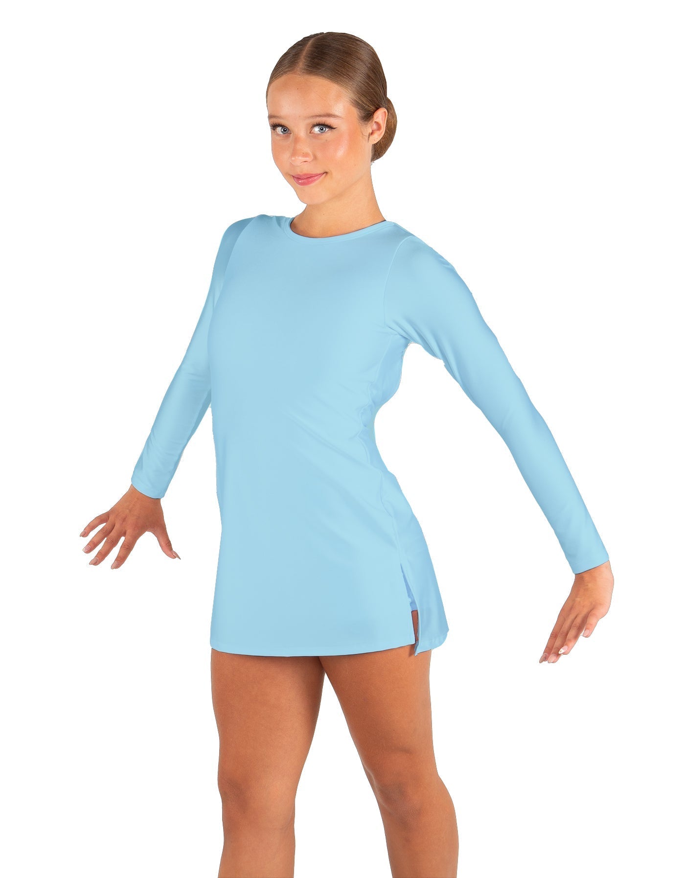 Solid Lycra LS Round Neck Dress with Open Back and Side Slits w/attached shorts