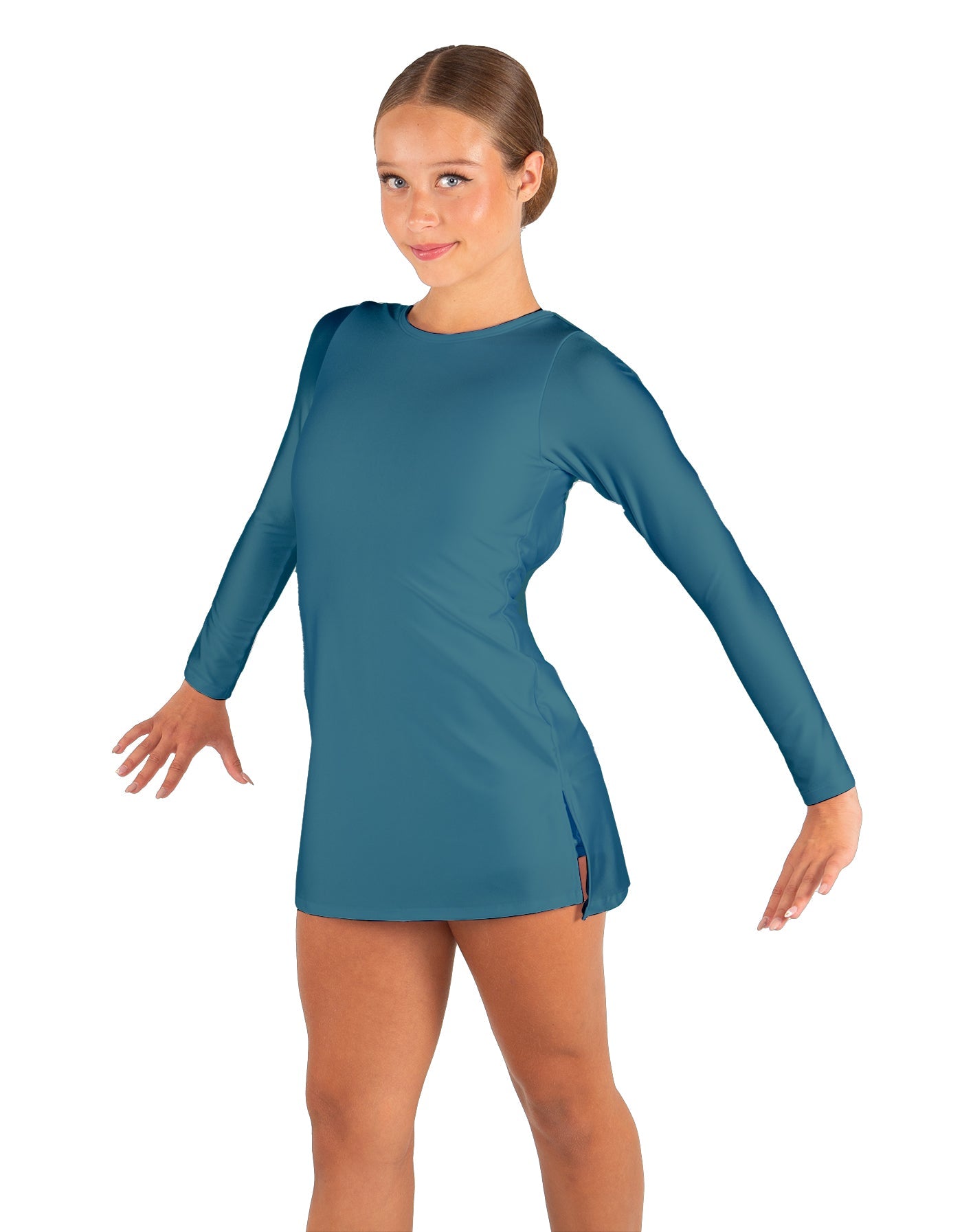 Solid Lycra LS Round Neck Dress with Open Back and Side Slits w/attached shorts