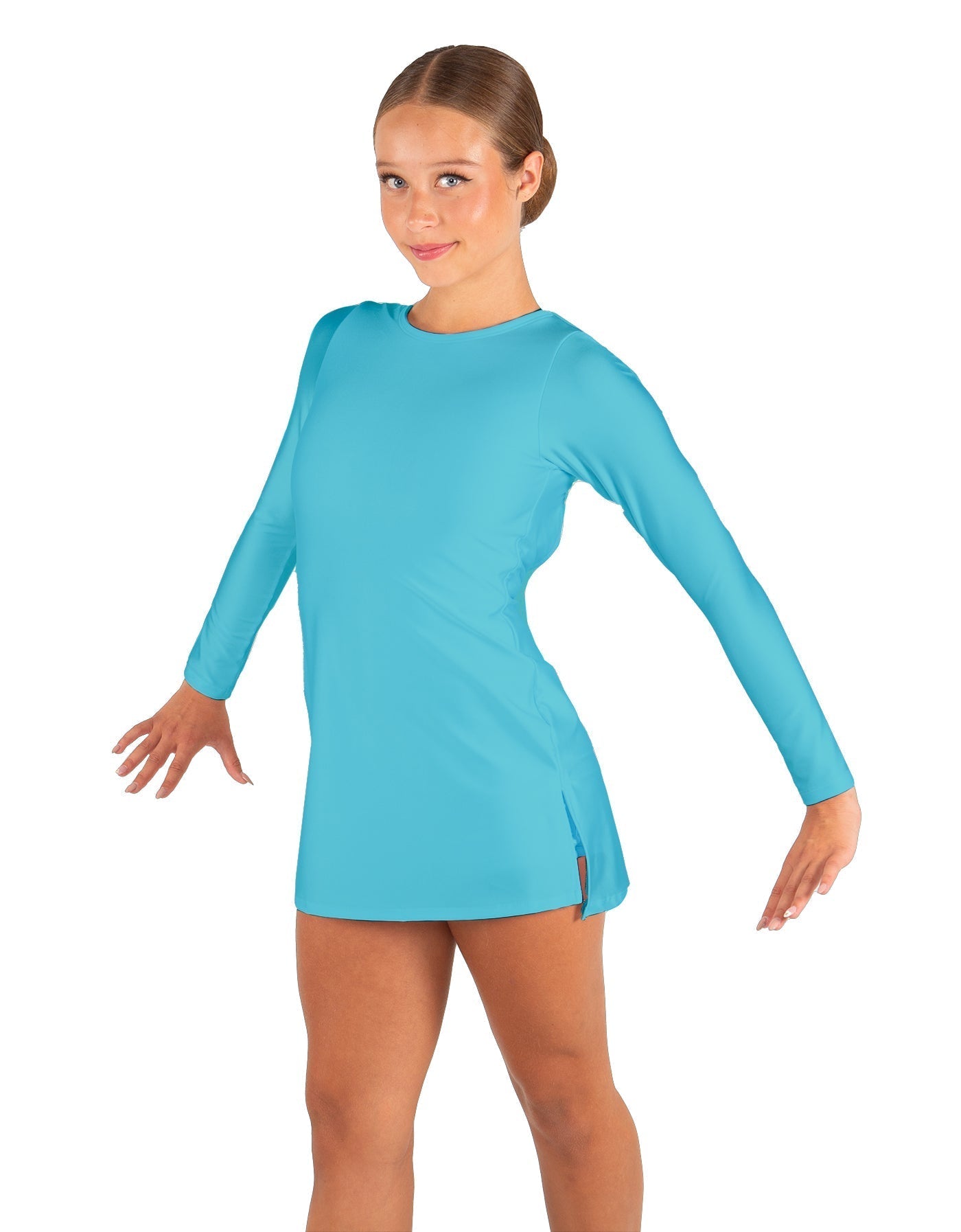 Solid Lycra LS Round Neck Dress with Open Back and Side Slits w/attached shorts