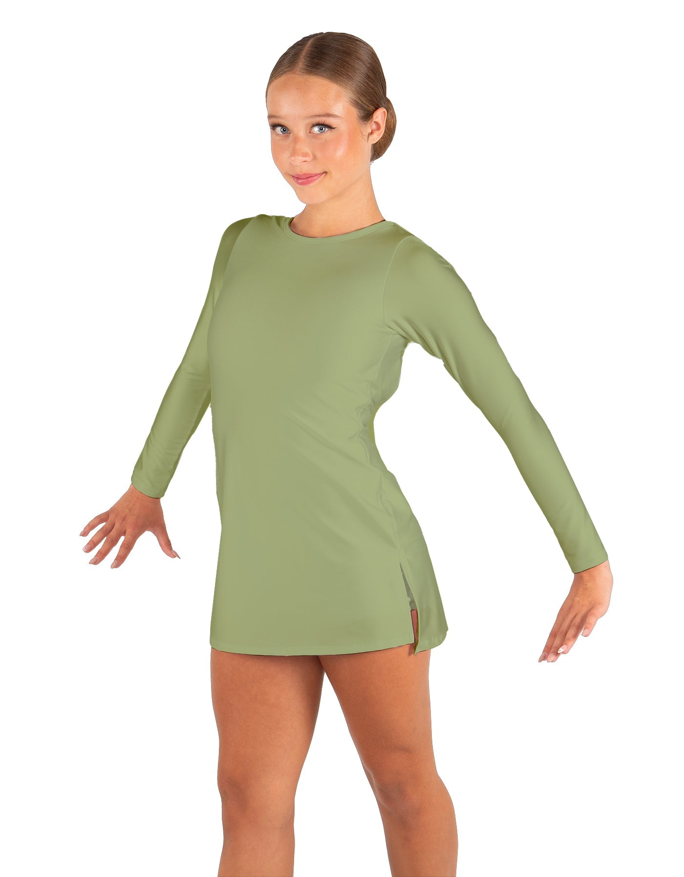 Solid Lycra LS Round Neck Dress with Open Back and Side Slits w/attached shorts