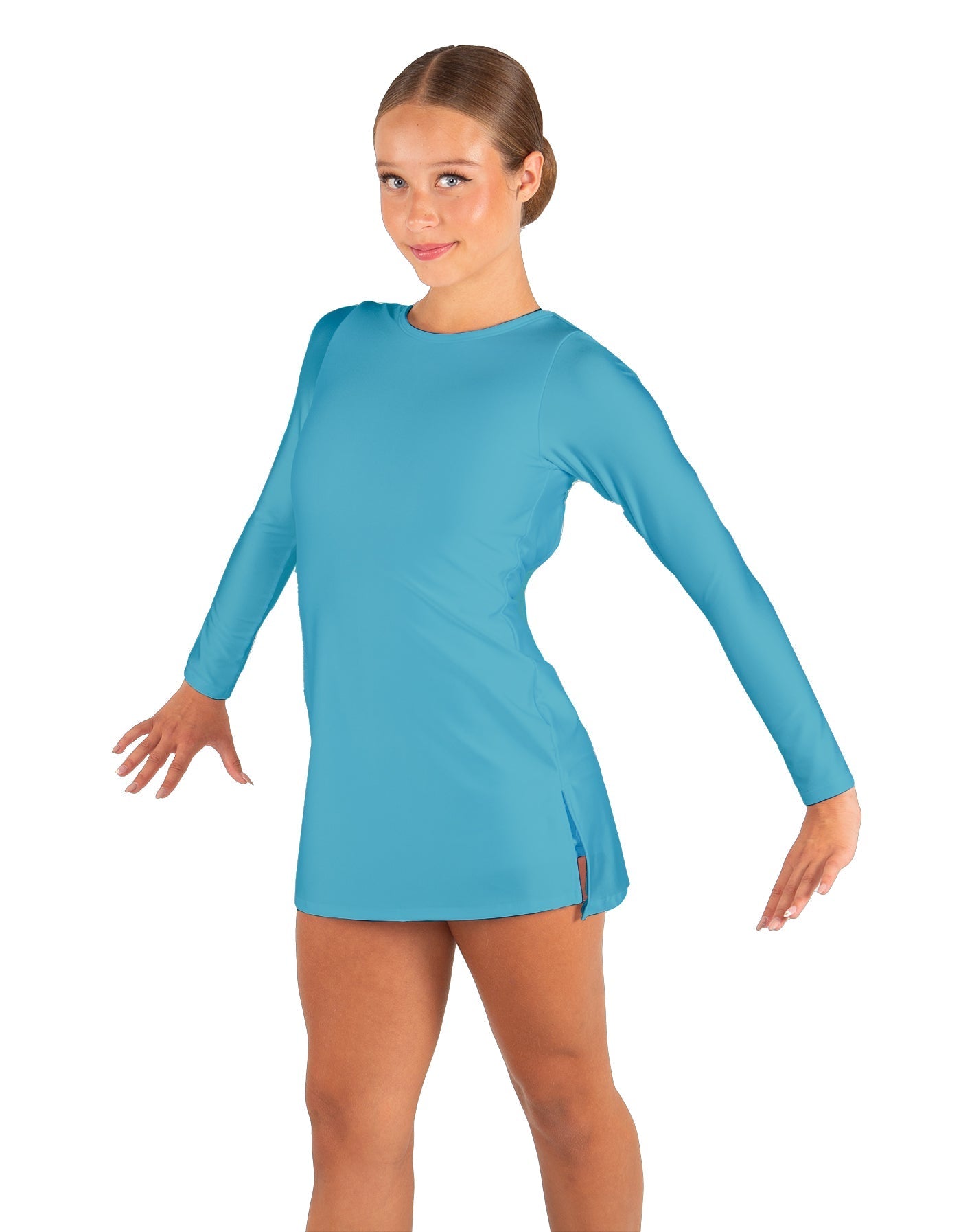 Solid Lycra LS Round Neck Dress with Open Back and Side Slits w/attached shorts
