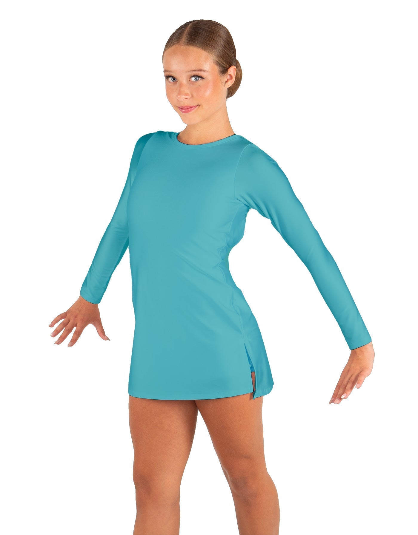 Solid Lycra LS Round Neck Dress with Open Back and Side Slits w/attached shorts