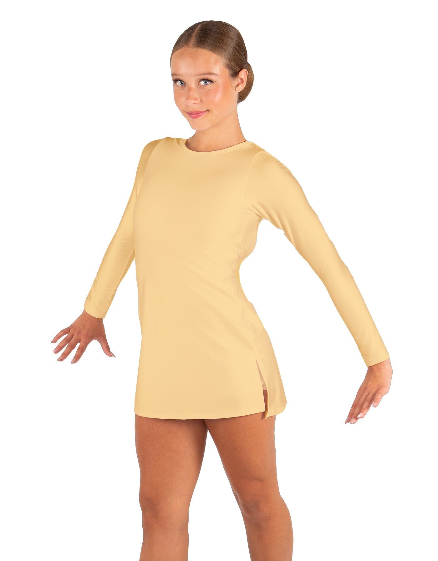 Solid Lycra LS Round Neck Dress with Open Back and Side Slits w/attached shorts