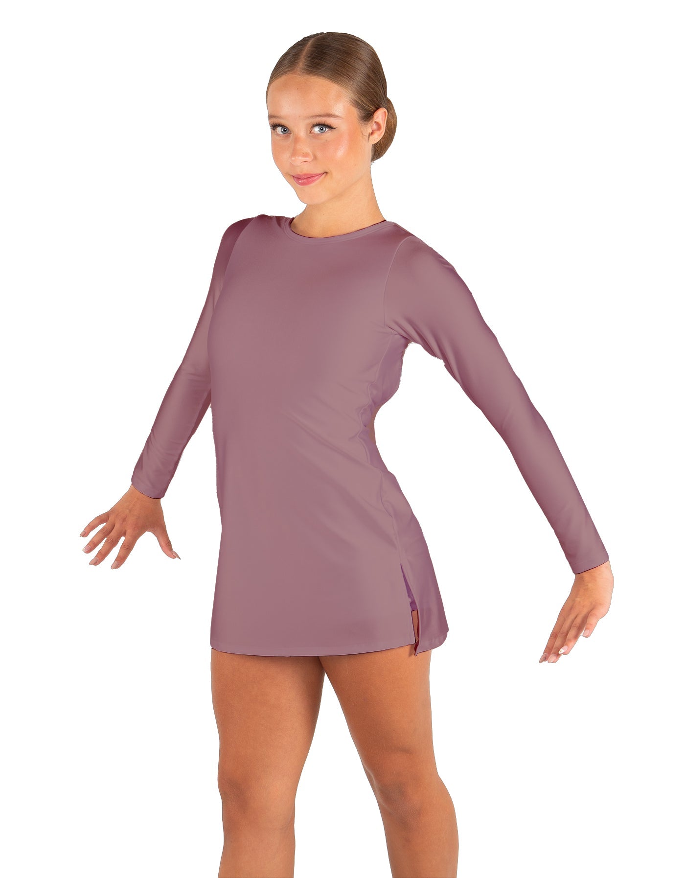 Solid Lycra LS Round Neck Dress with Open Back and Side Slits w/attached shorts