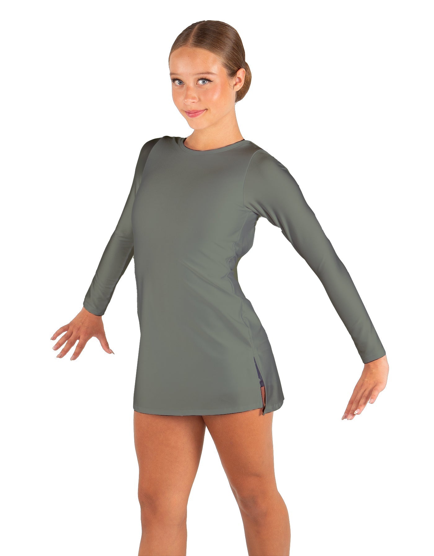 Solid Lycra LS Round Neck Dress with Open Back and Side Slits w/attached shorts