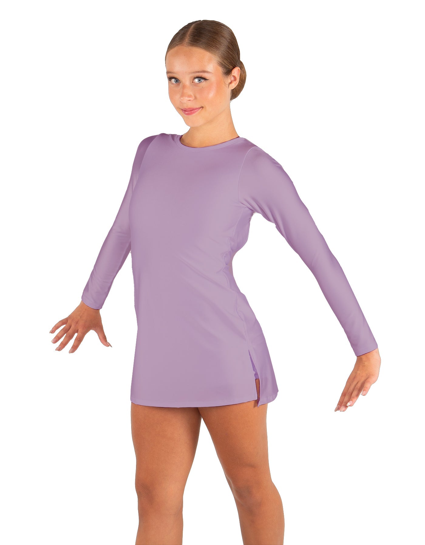 Solid Lycra LS Round Neck Dress with Open Back and Side Slits w/attached shorts