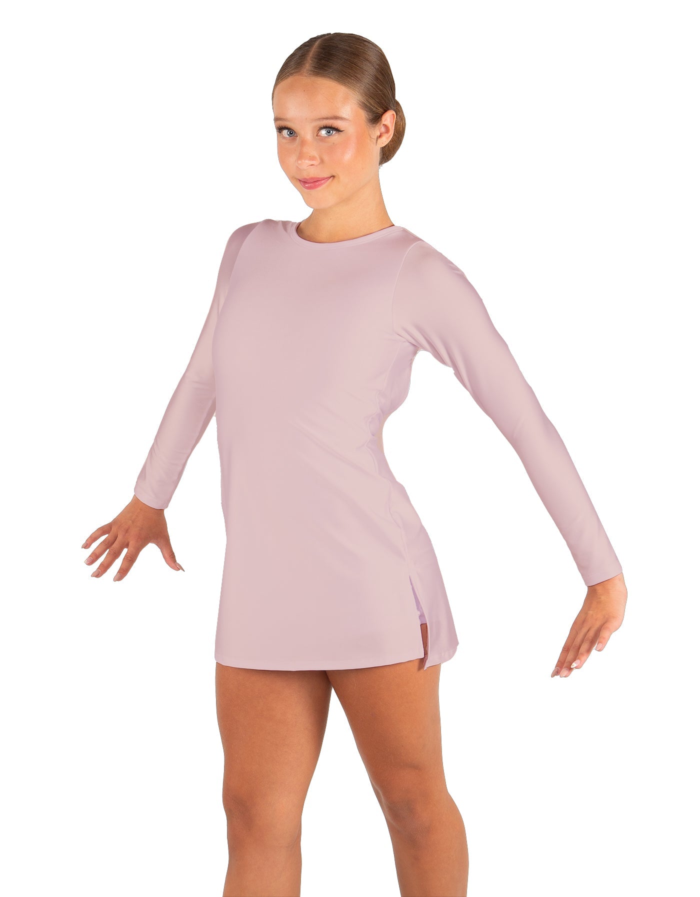 Solid Lycra LS Round Neck Dress with Open Back and Side Slits w/attached shorts
