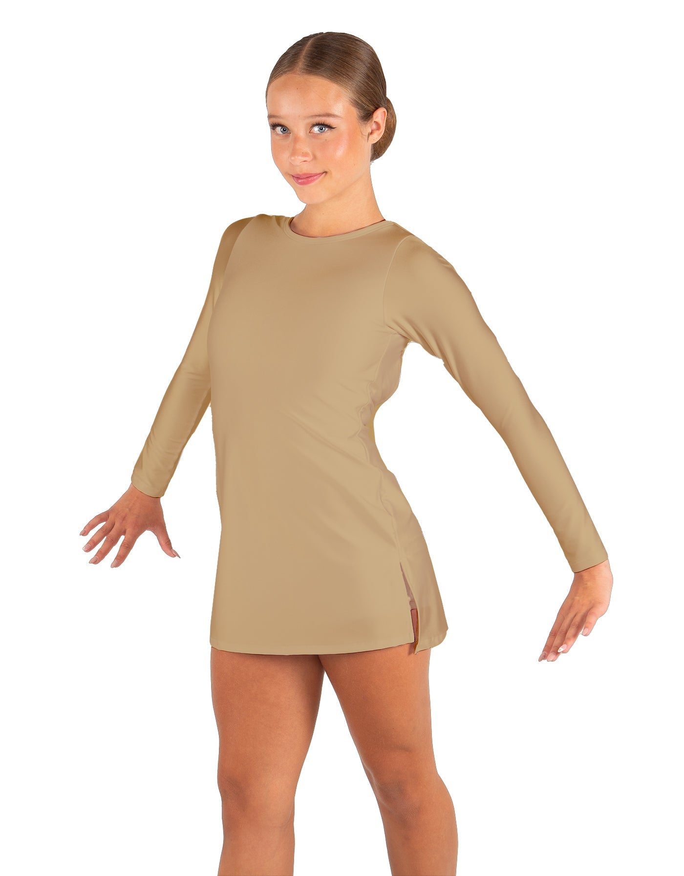 Solid Lycra LS Round Neck Dress with Open Back and Side Slits w/attached shorts