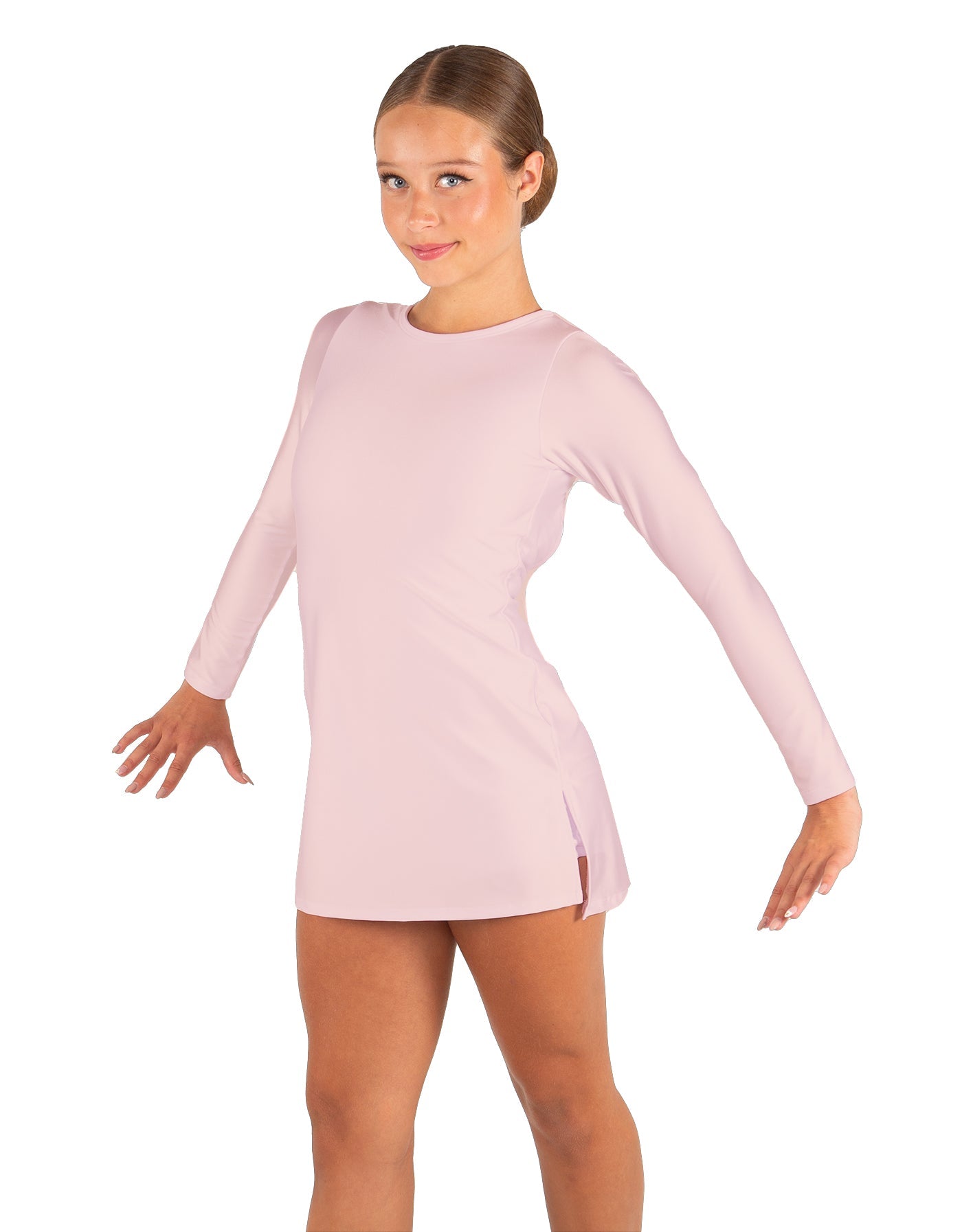 Solid Lycra LS Round Neck Dress with Open Back and Side Slits w/attached shorts