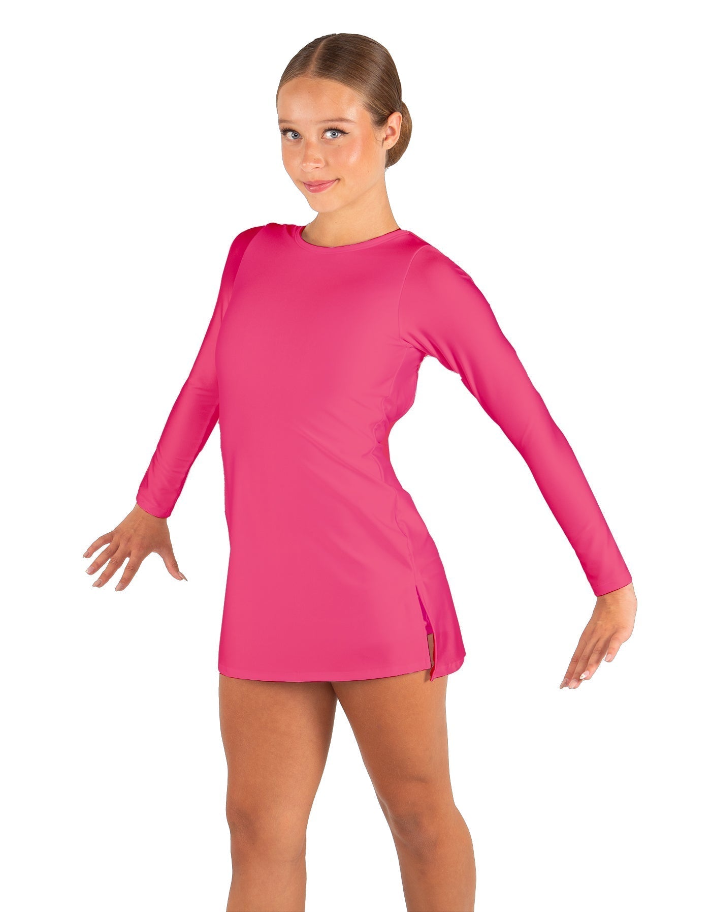 Solid Lycra LS Round Neck Dress with Open Back and Side Slits w/attached shorts
