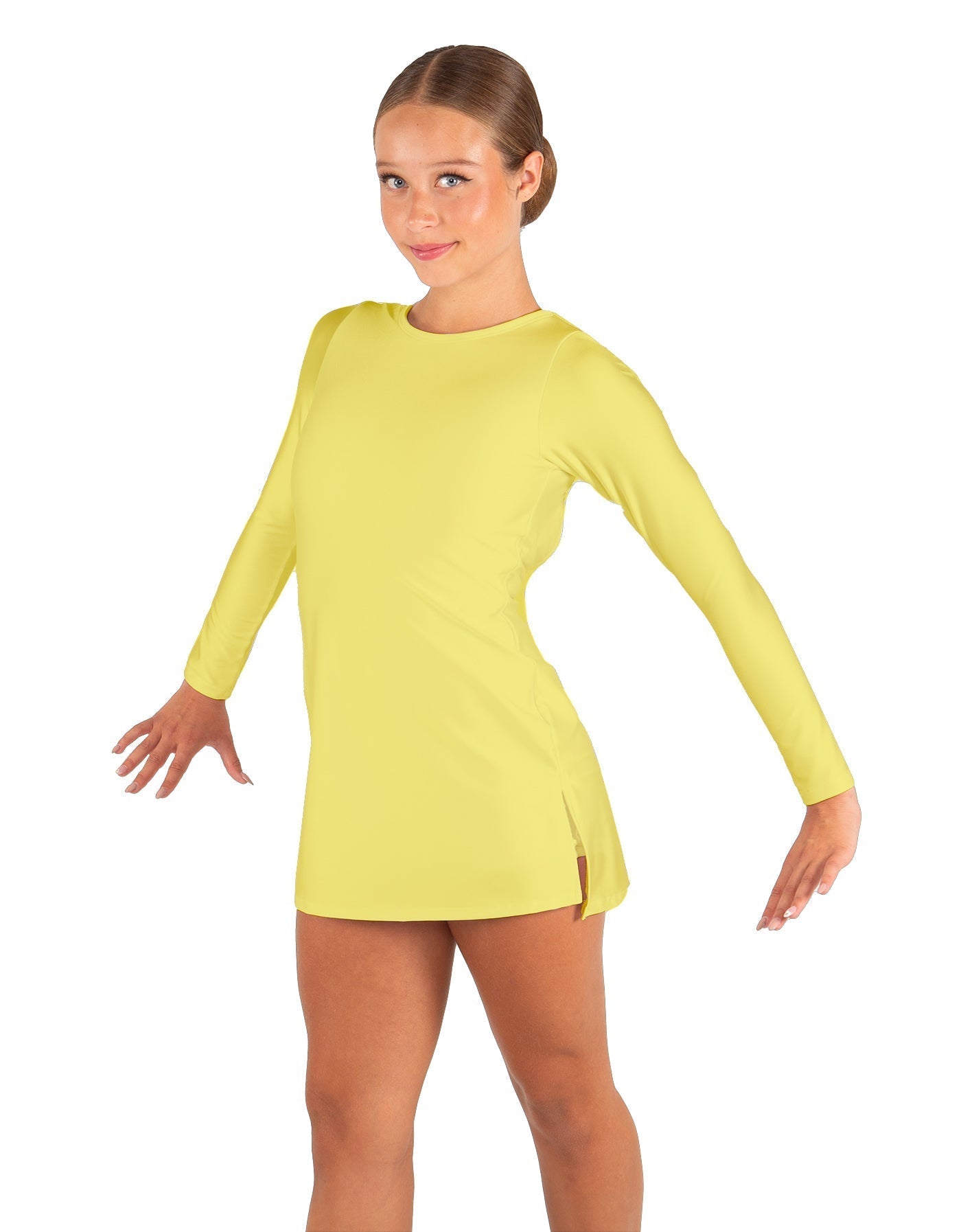 Solid Lycra LS Round Neck Dress with Open Back and Side Slits w/attached shorts
