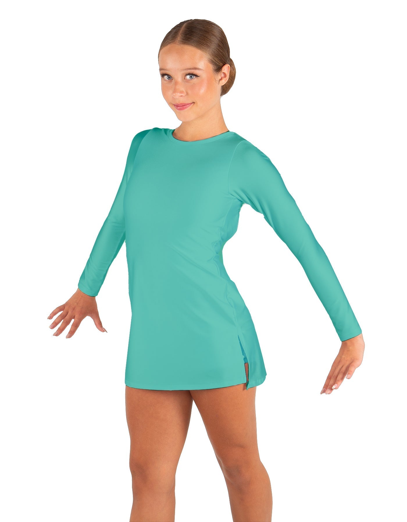 Solid Lycra LS Round Neck Dress with Open Back and Side Slits w/attached shorts