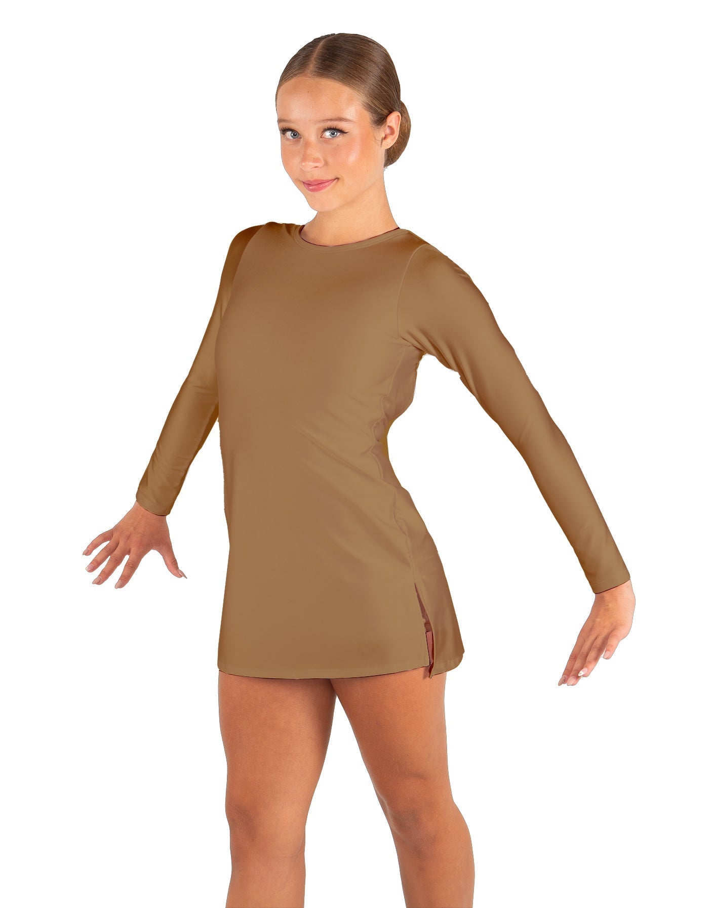 Solid Lycra LS Round Neck Dress with Open Back and Side Slits w/attached shorts