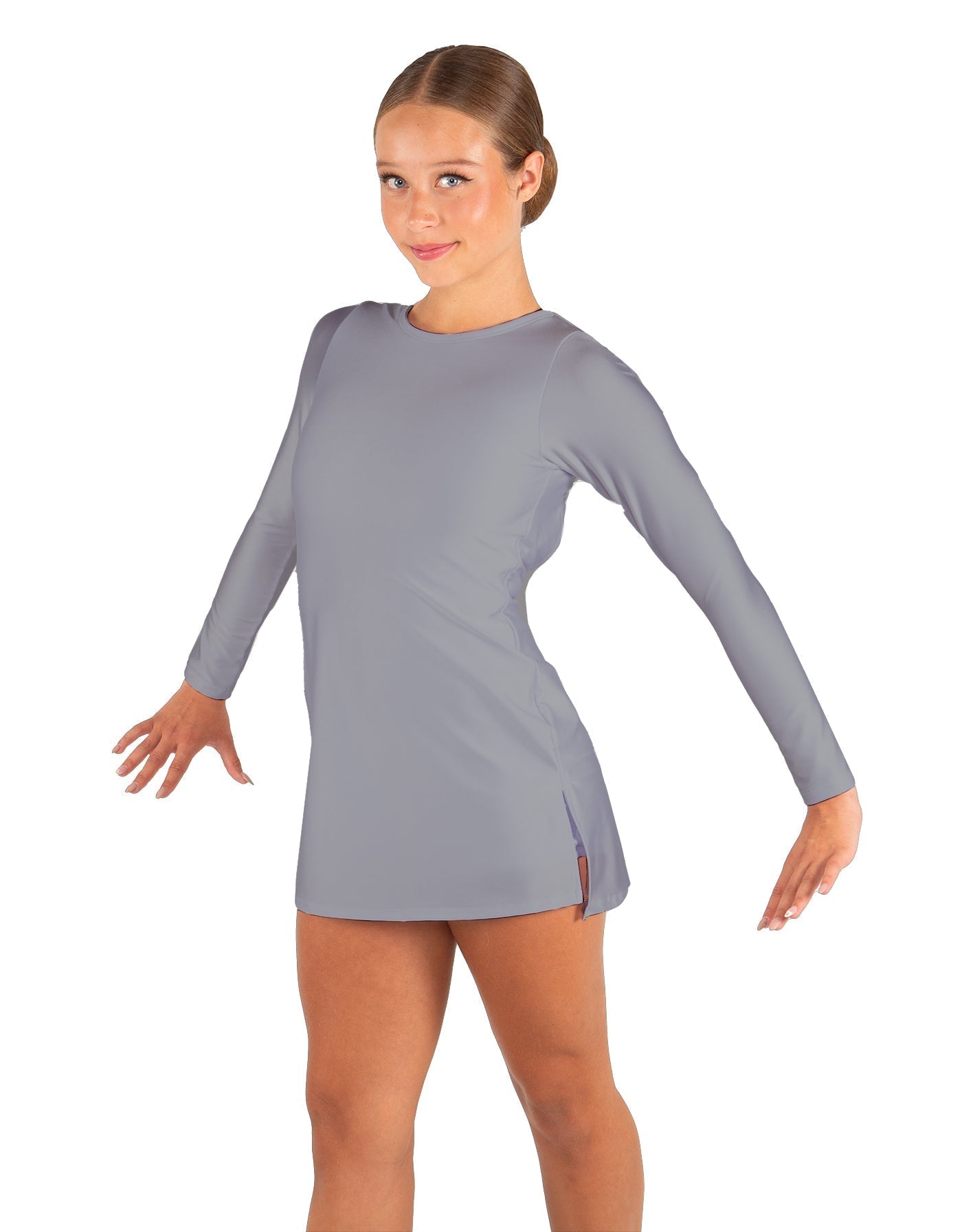 Solid Lycra LS Round Neck Dress with Open Back and Side Slits w/attached shorts
