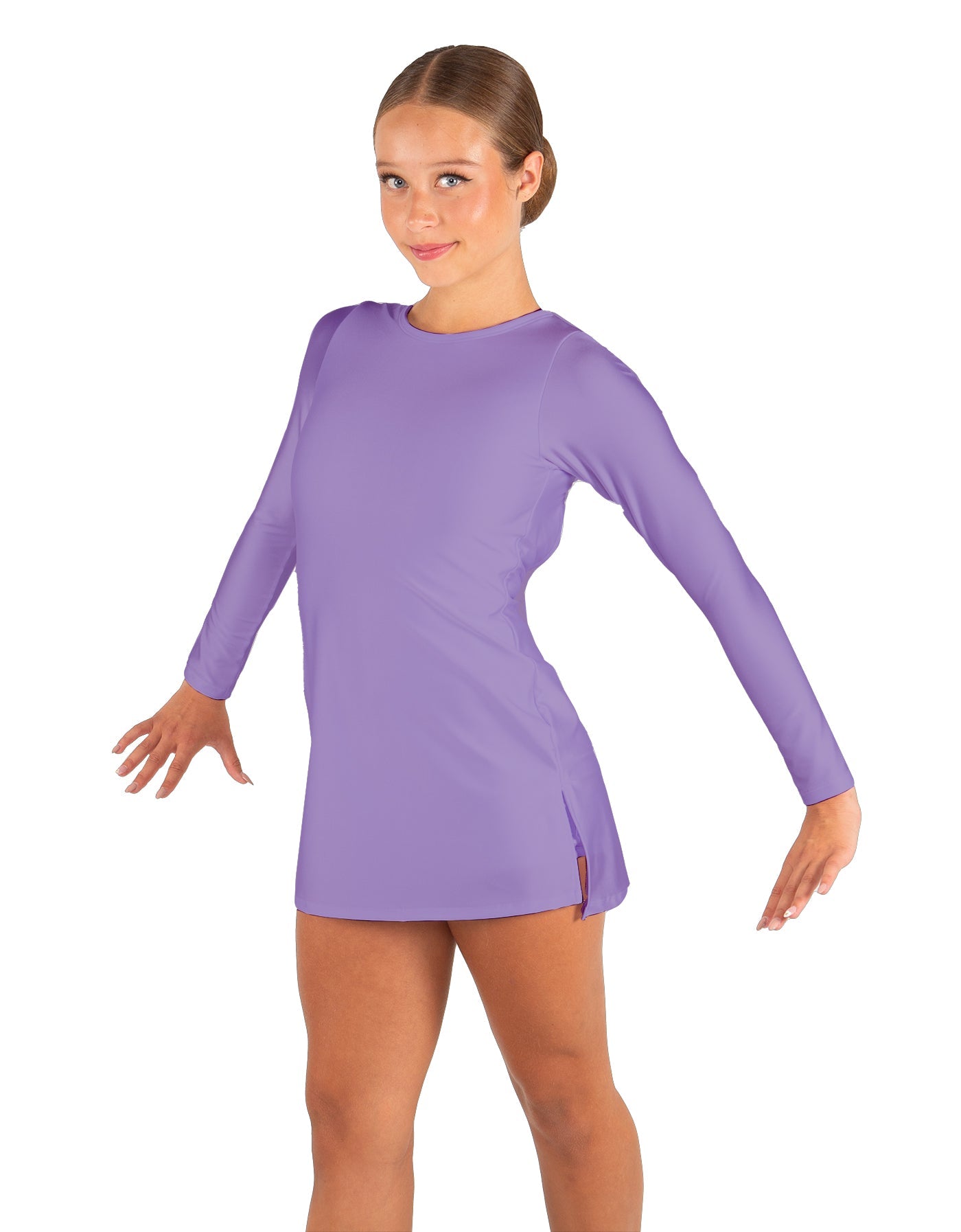 Solid Lycra LS Round Neck Dress with Open Back and Side Slits w/attached shorts