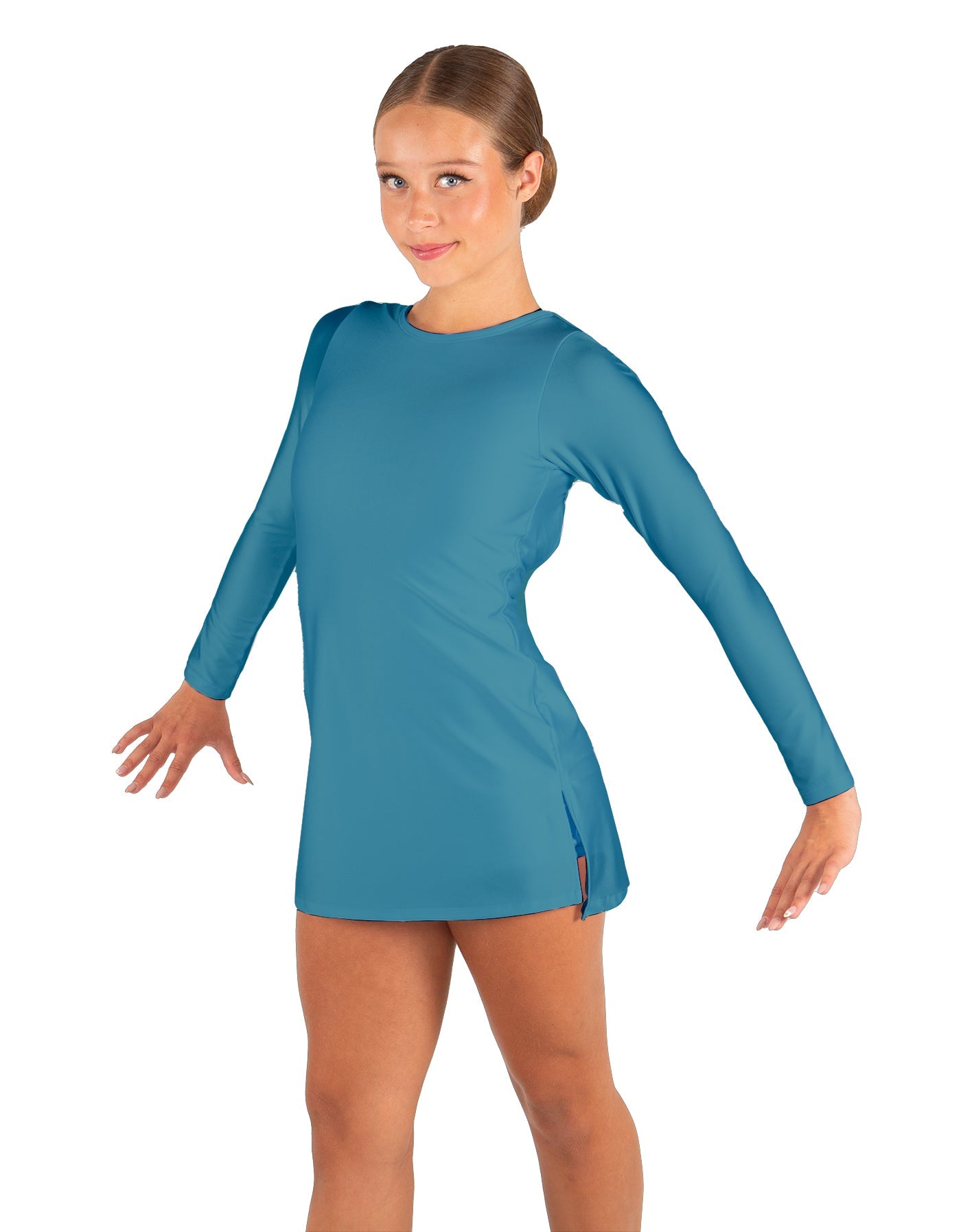 Solid Lycra LS Round Neck Dress with Open Back and Side Slits w/attached shorts