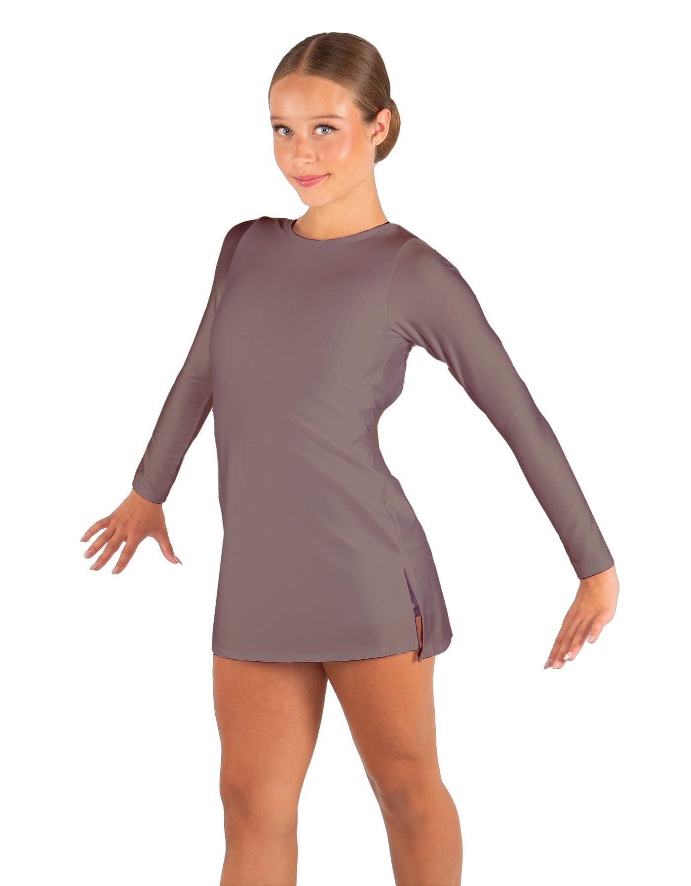 Solid Lycra LS Round Neck Dress with Open Back and Side Slits w/attached shorts