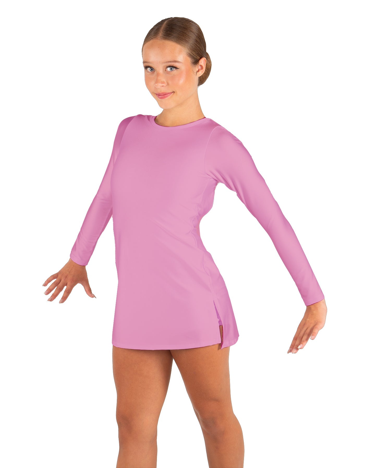 Solid Lycra LS Round Neck Dress with Open Back and Side Slits w/attached shorts