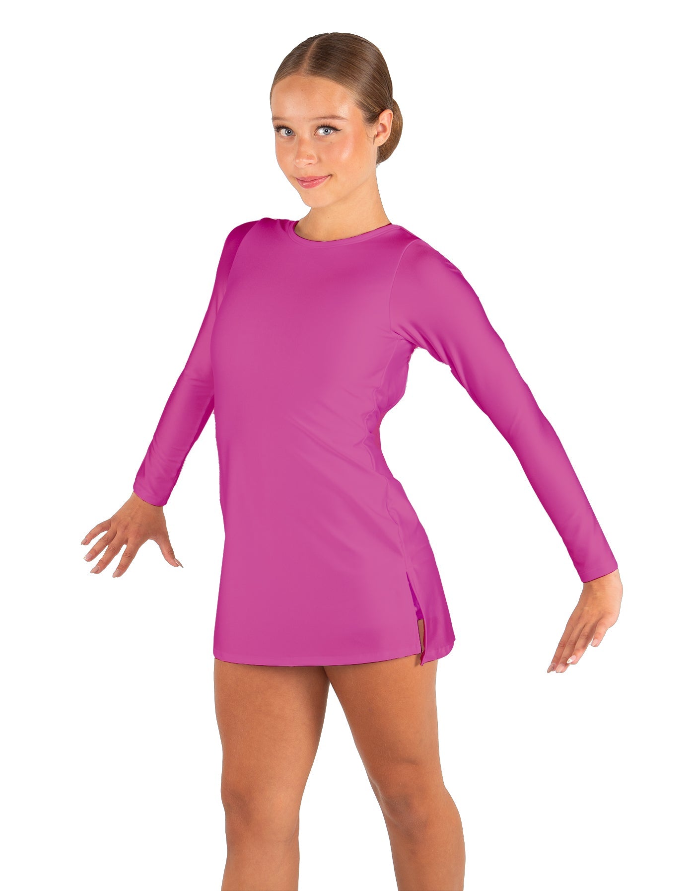 Solid Lycra LS Round Neck Dress with Open Back and Side Slits w/attached shorts