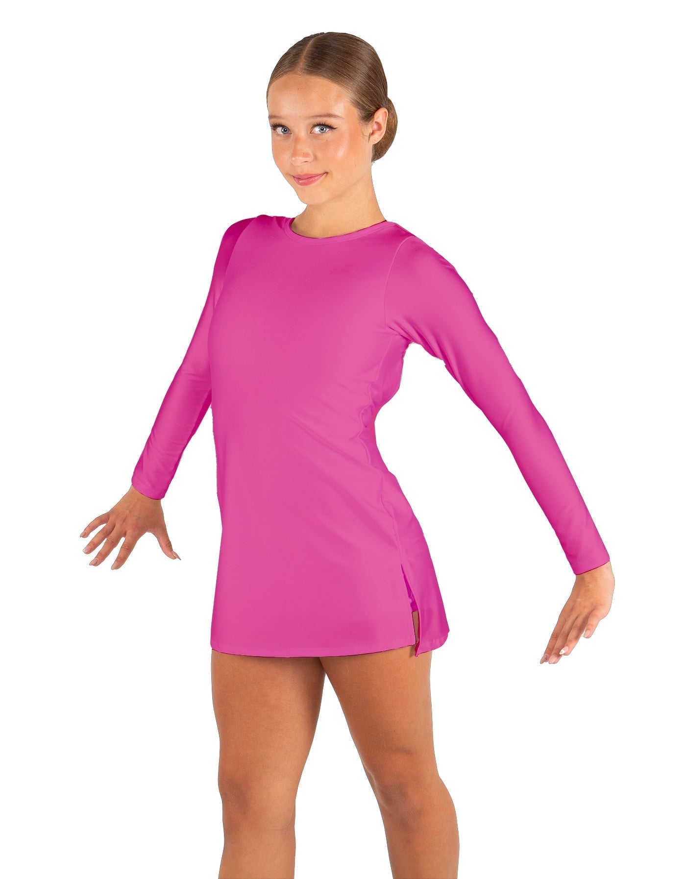 Solid Lycra LS Round Neck Dress with Open Back and Side Slits w/attached shorts