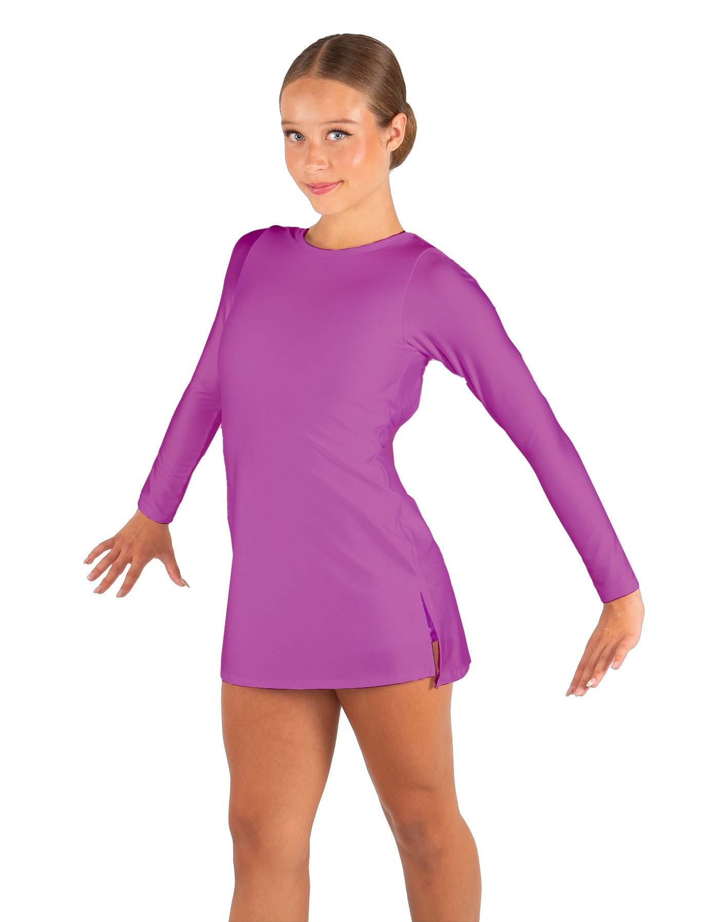 Solid Lycra LS Round Neck Dress with Open Back and Side Slits w/attached shorts