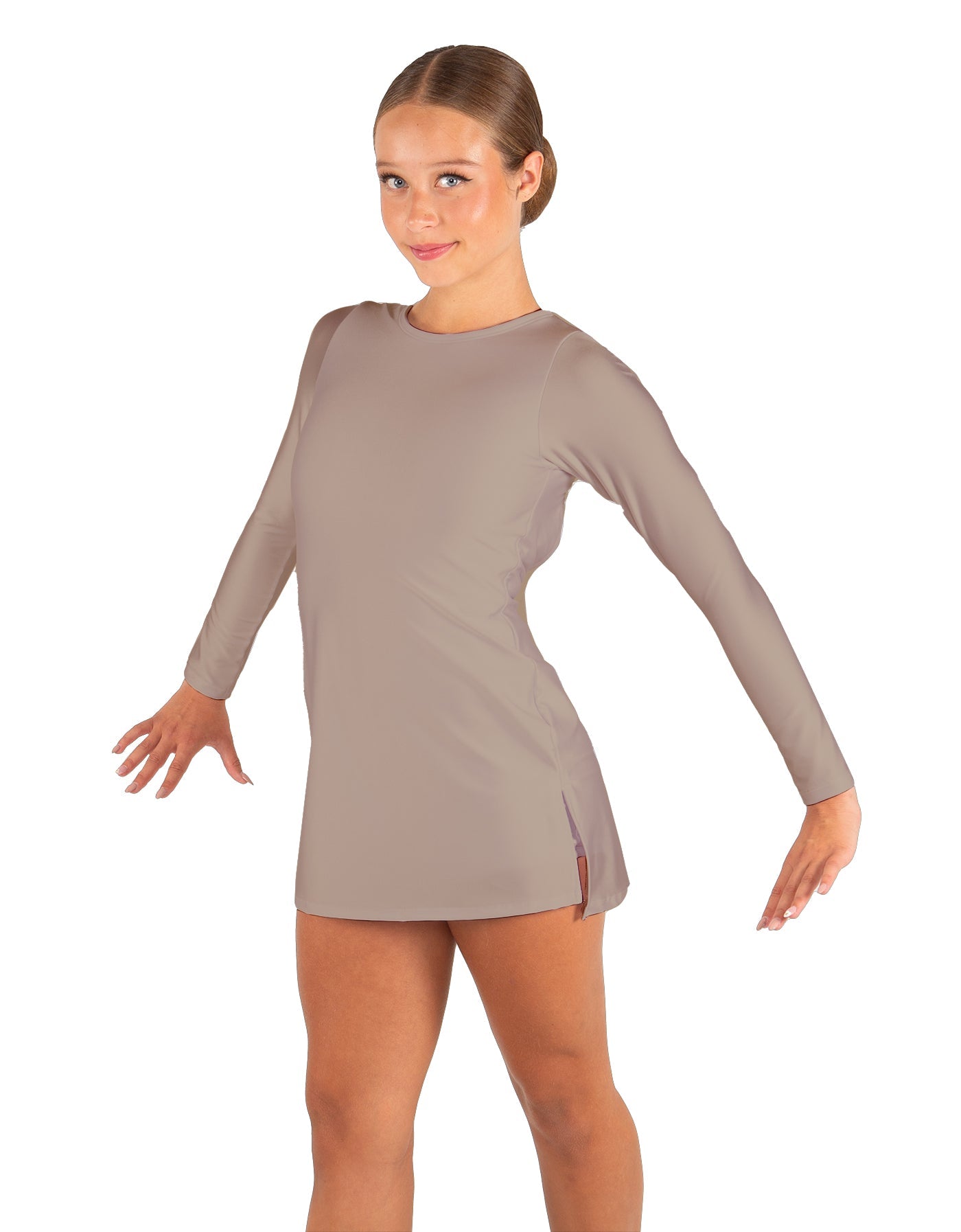 Solid Lycra LS Round Neck Dress with Open Back and Side Slits w/attached shorts