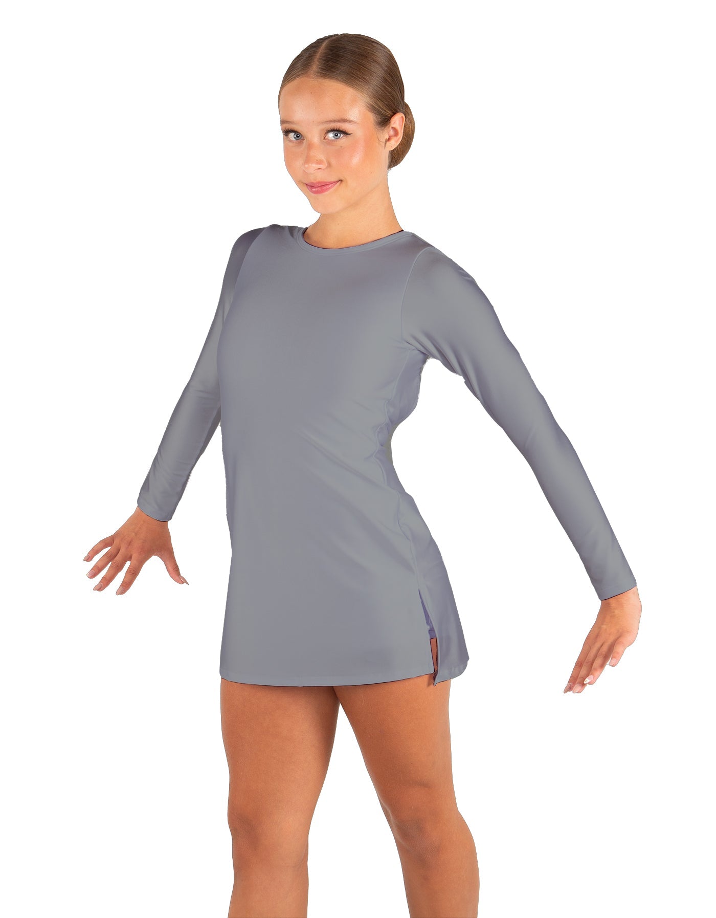 Solid Lycra LS Round Neck Dress with Open Back and Side Slits w/attached shorts