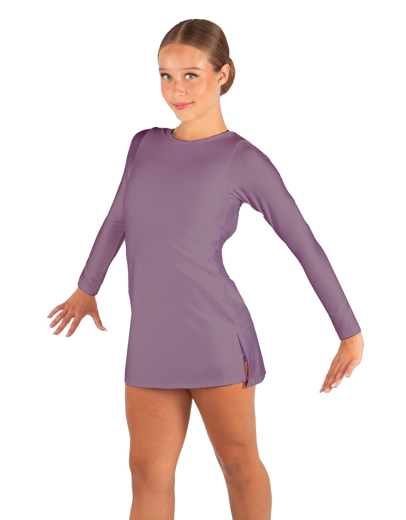 Solid Lycra LS Round Neck Dress with Open Back and Side Slits w/attached shorts