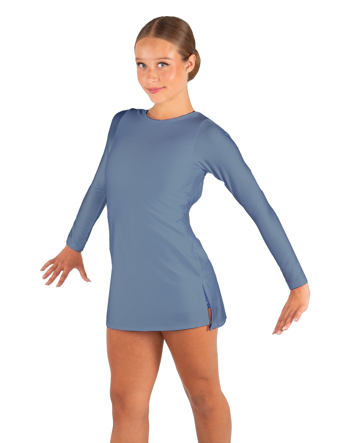 Solid Lycra LS Round Neck Dress with Open Back and Side Slits w/attached shorts