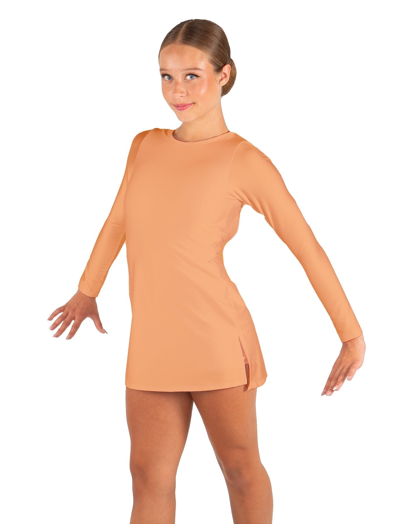 Solid Lycra LS Round Neck Dress with Open Back and Side Slits w/attached shorts