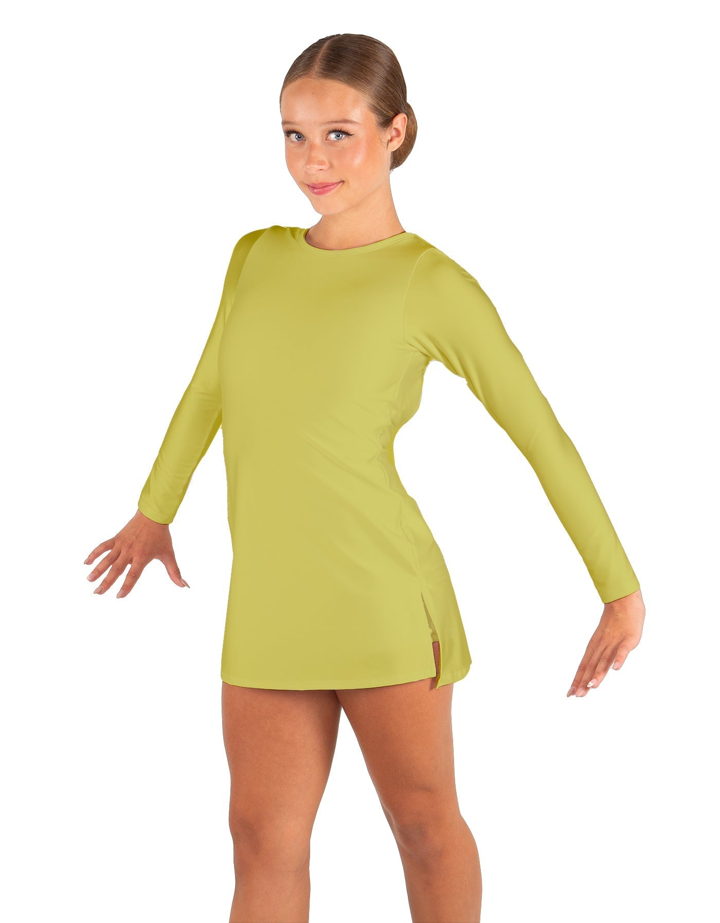 Solid Lycra LS Round Neck Dress with Open Back and Side Slits w/attached shorts