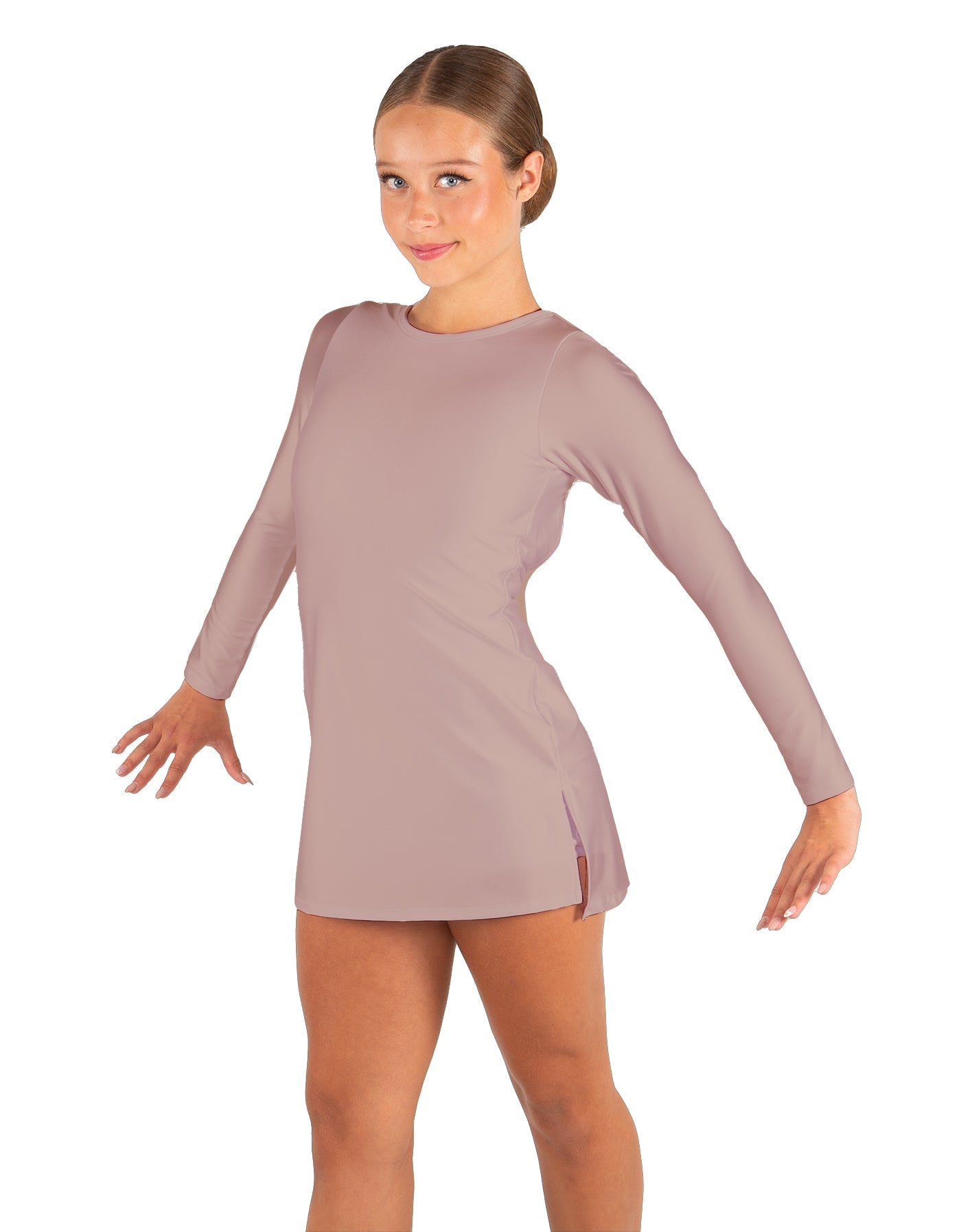 Solid Lycra LS Round Neck Dress with Open Back and Side Slits w/attached shorts