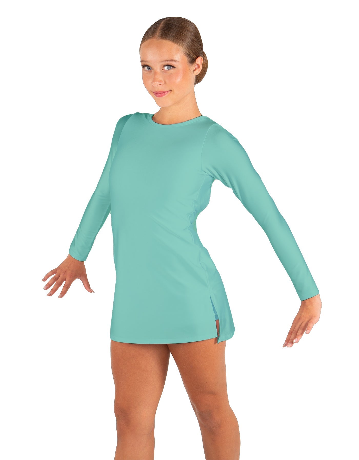 Solid Lycra LS Round Neck Dress with Open Back and Side Slits w/attached shorts